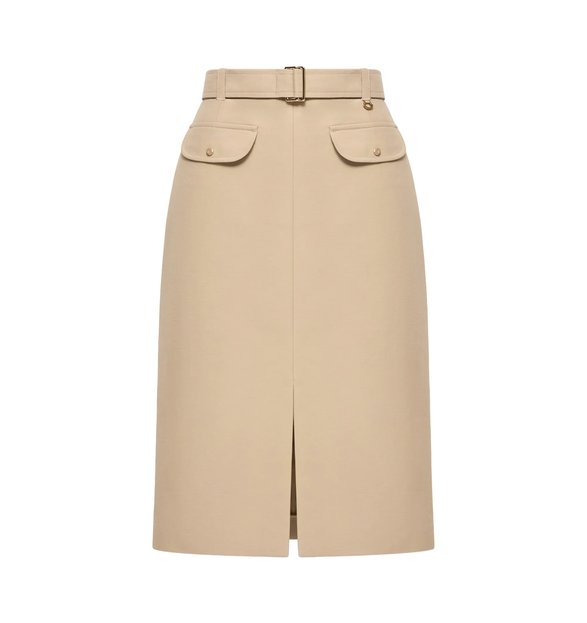 Image 1 of 1 - NEUTRAL - Moncler Womens Double-Sided Cotton Skirt is crafted from double-sided cotton and features a detachable belt, zip closure, flap pockets with button closures, and a front slit. This designer cotton midi skirt combines a structured silhouette with utility-inspired detailing for elevated everyday wear. Main Material: 100% Cotton. Made in Hungary.