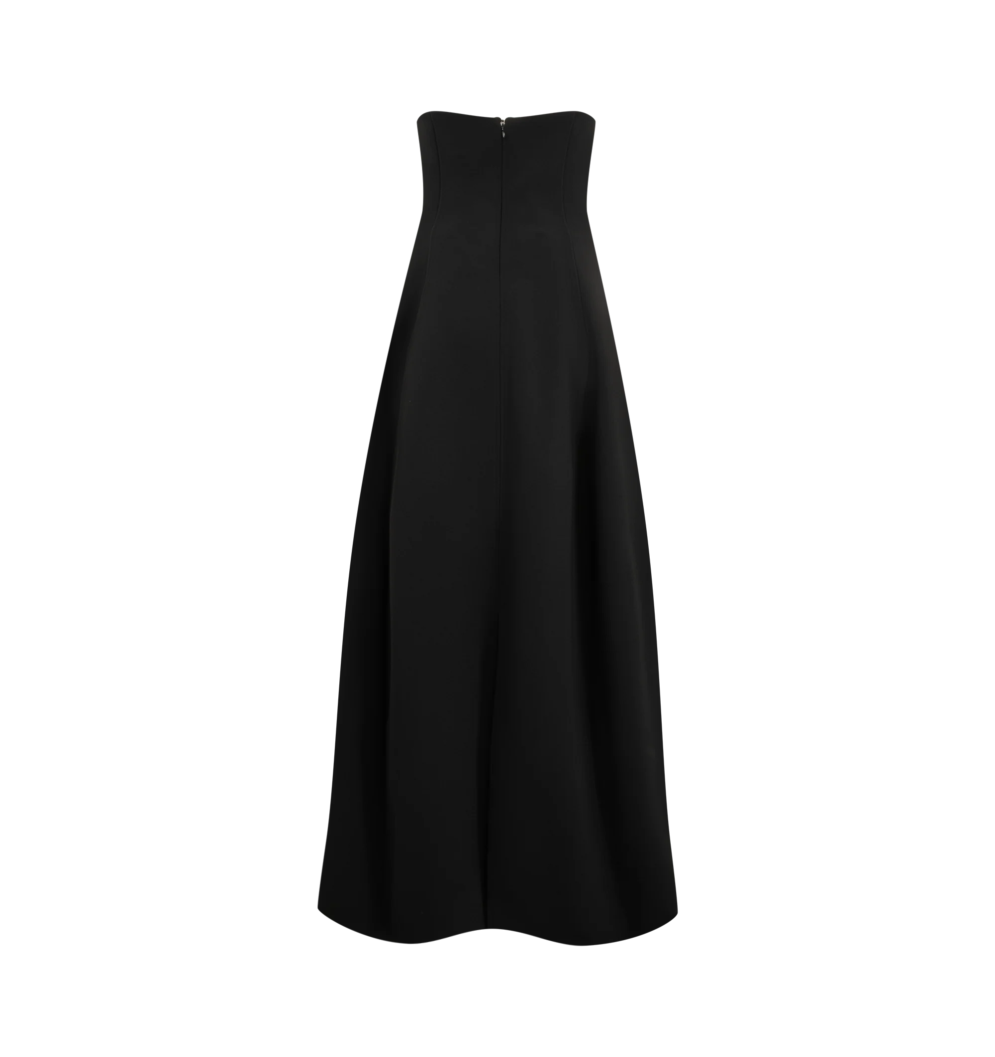 Image 2 of 2 - BLACK - Toteme Women's Strapless Balloon Dress is crafted from bonded crepe with a supportive internal corset for a clean, held shape. Fitted through the bodice and waist before opening into a full-length balloon silhouette, it is finished with side pockets. Materials: 100% recycled GRS polyester. 