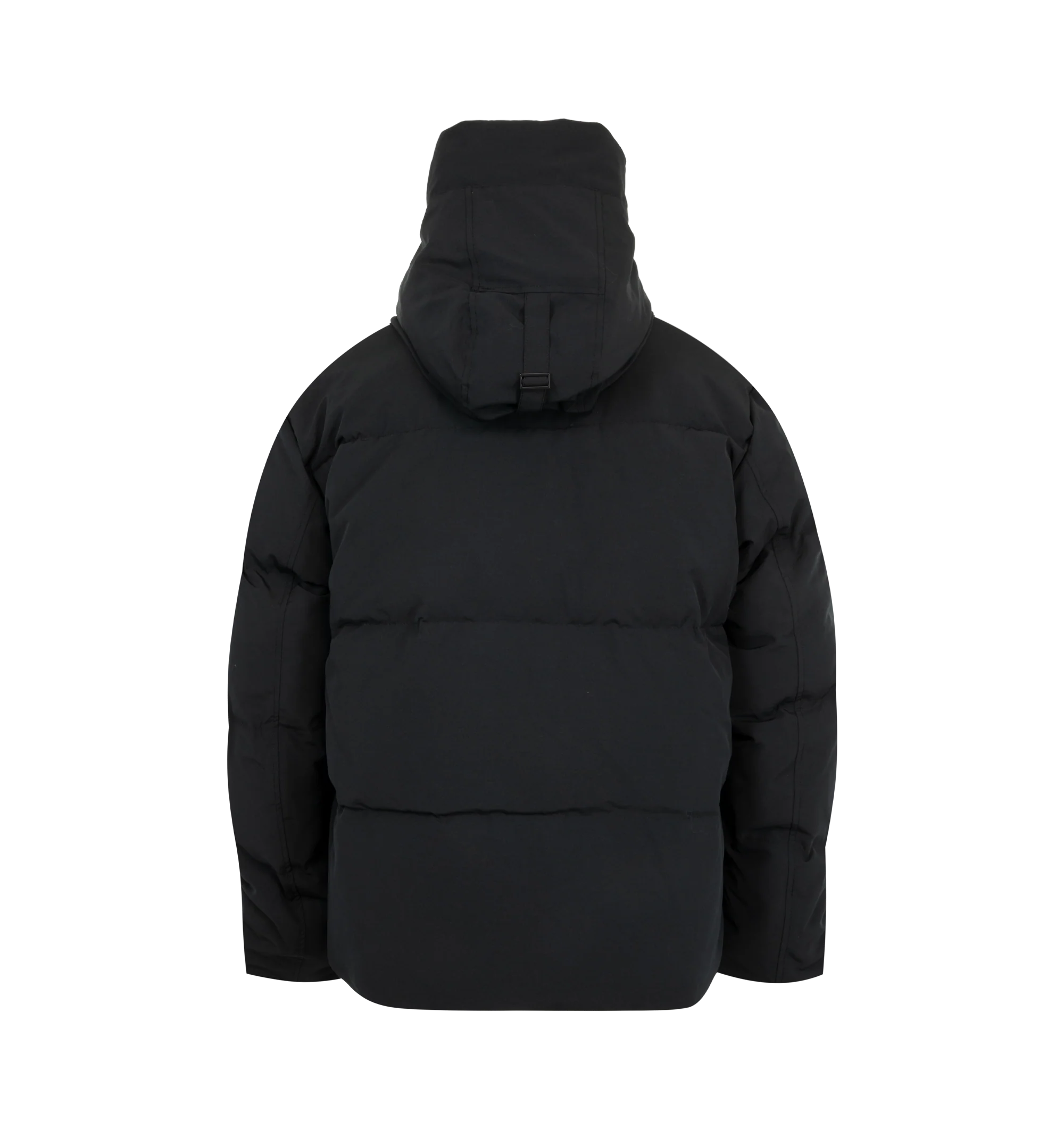 Image 3 of 4 - BLACK - Canada Goose Men's Seymour Parka is crafted from Recycled Organic Arctic Tech and features a quilt-through construction designed for protection in extreme cold-weather conditions. The parka is equipped with an adjustable snorkel hood, a tricot-lined chin guard, and a concealed snap placket over a front zip closure for enhanced coverage. Functional details include interior backpack straps for hands-free carrying, recessed rib-knit cuffs reinforced with CORDURA, two exterior zip pockets