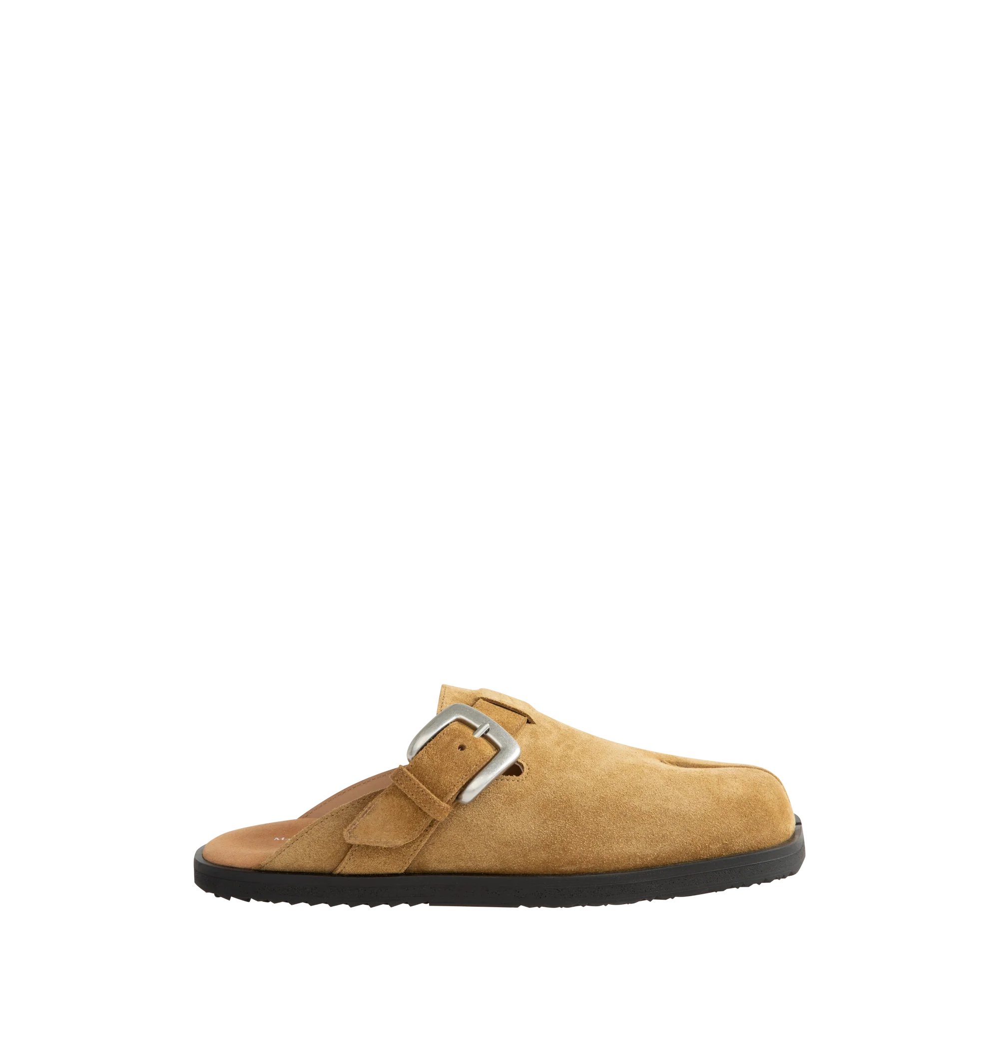 Image 1 of 4 - NEUTRAL - Maison Margiela Women's Tabi Daily Mules are crafted from calf suede and feature the signature split-toe design, a slip-on mule silhouette, open-back construction, an adjustable buckle strap, and a durable rubber sole. These designer suede mules combine the iconic Tabi silhouette with everyday comfort for effortless styling. Main Material: 100% Calf Suede. Lining: 50% Calf Leather, 50% Calf Suede. Sole: 100% Rubber. Heel Height: 1.1 cm. Made in Italy. 