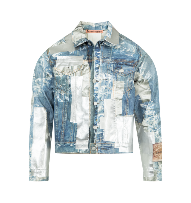 Image 1 of 3 - BLUE - ACNE Trompe-il Denim Jacket featuirng ready-to-dye cotton canvas with a brushed face, trompe-il tape print to mimic mended tears, with additional tape appliqu for texture, branded buttons, chest and side pockets, adjustable waist and sleeve tabs, fitted silhouette with cropped sleeves and waist-length hem. 100% cotton.