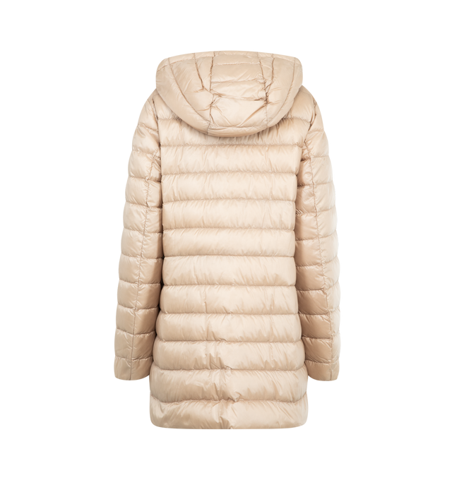 Image 2 of 3 - CHAMPAGNE - MONCLER Jasmin Hooded Short Down Parka featuring signature embroidered logo patch on the left sleeve, adjustable drawstring hood, long sleeves with elastic cuffs, flap pockets with snap closures, classic fit and two-way zip-front. Nylon/polyamide. Fill: Down/feather. Lining: Polyester. 