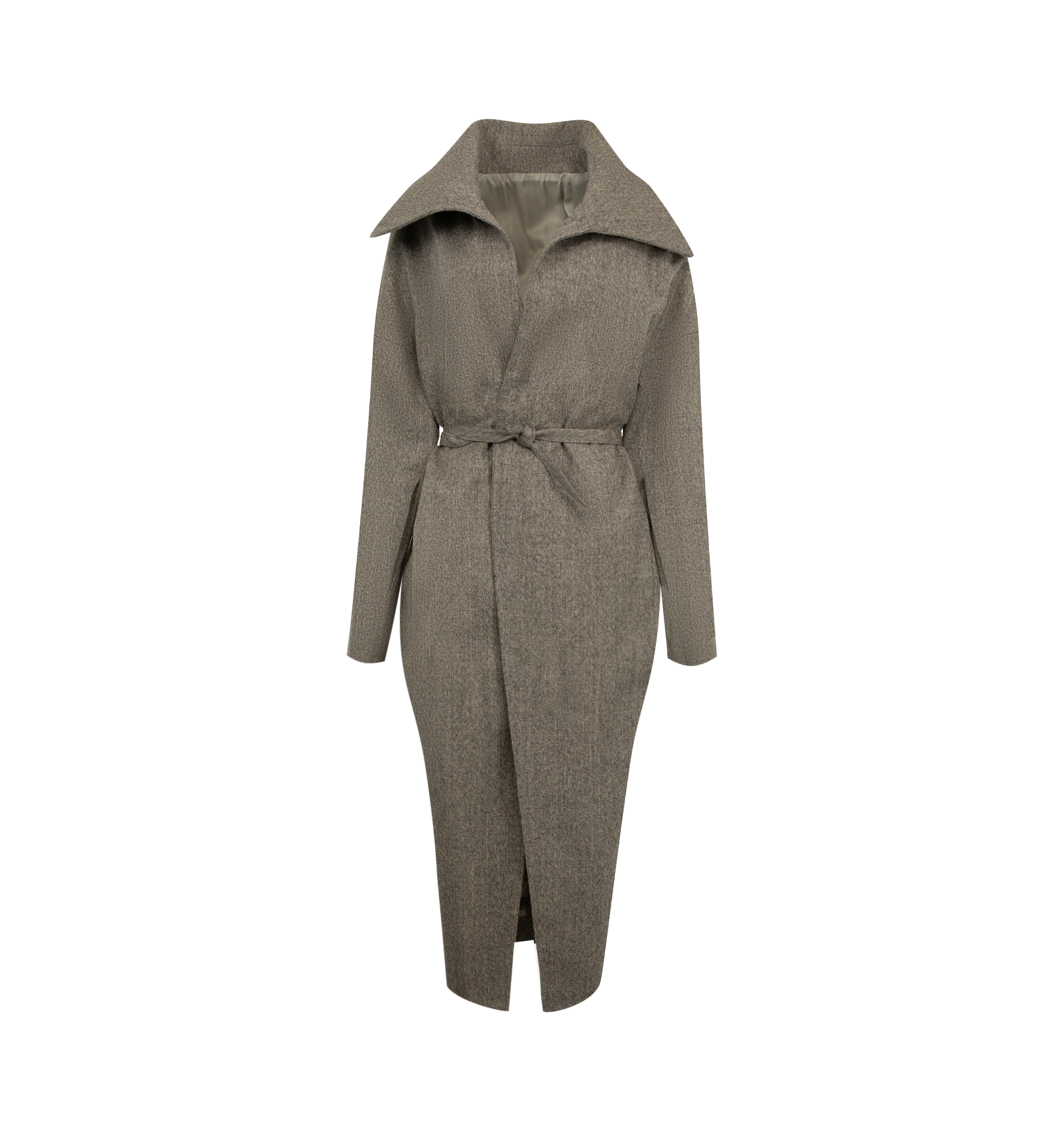 Image 1 of 3 - GREY - Rick Owens Women's Dracucollar Belted Coat is crafted from medium weight melange wool and features a below-knee silhouette with an extended draped collar and dropped shoulders. Designed with a wrap-front closure secured by an attached belt, the coat is finished with concealed forearm zip pockets, side seam pockets, a back slit, and internal zip pockets. Main Material: 100% wool. Lining: 100% cupro.