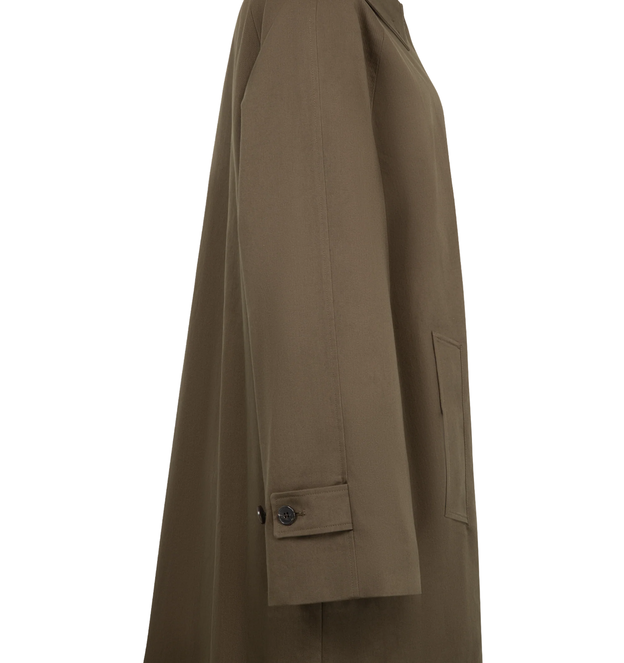 Image 3 of 3 - BROWN - The Row Women's Iza Coat is crafted from pure cotton and features an elongated trench-inspired silhouette with a refined, minimalist finish. Designed with a flat collar and horn button closure, this designer coat is finished with slant side pockets and a luxurious silk lining, reflecting The Row's understated approach to timeless outerwear. Main Material: 100% Cotton. Lining: 100% Silk. Closure: Horn Buttons. Collar: Flat Collar. Pockets: Slant Side Pockets. Care: Dry Clean. Made in I 