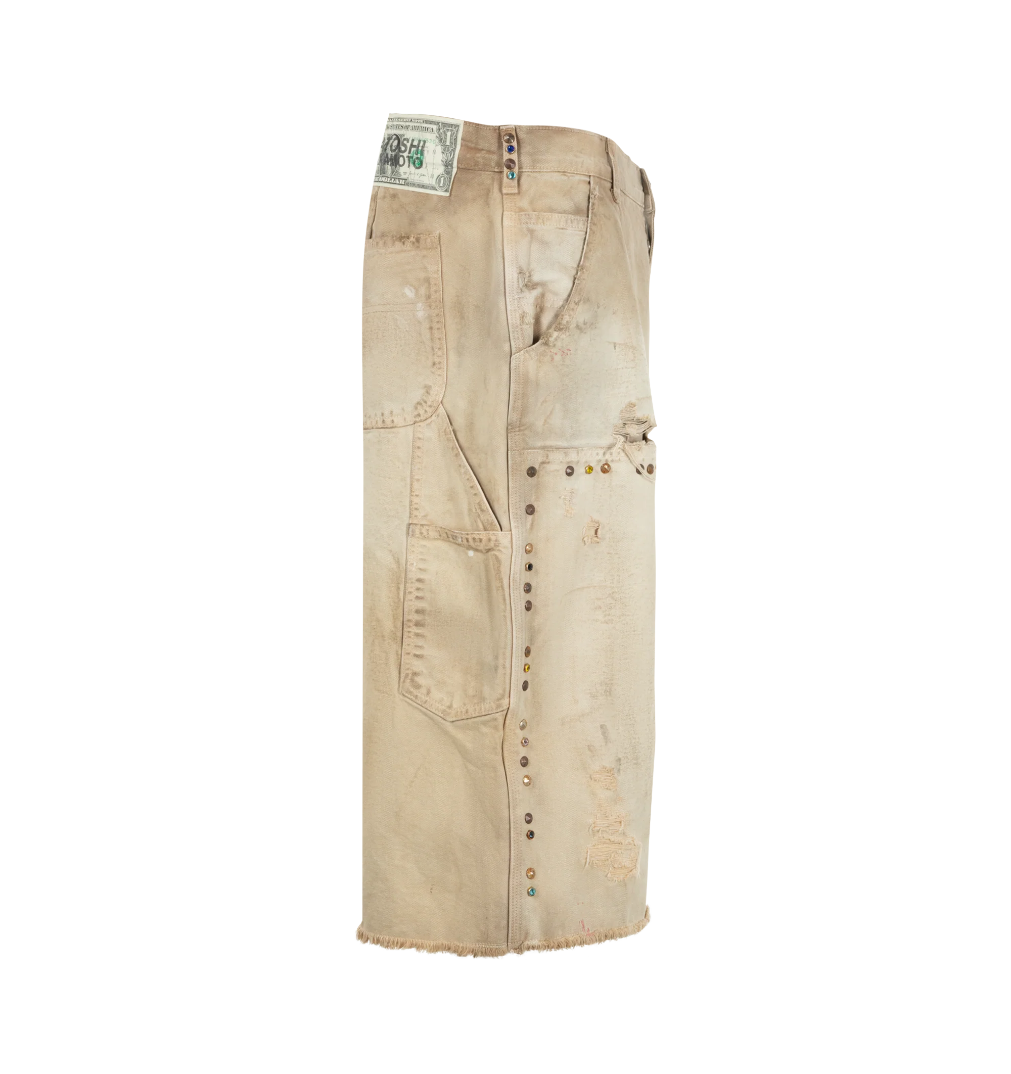 Image 3 of 3 - NEUTRAL - Satoshi Nakamoto Danny's Carpenter Shorts feature distressed details, stud embellishments, and paint splatters. Main material: 100% Cotton.
