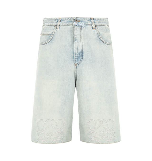 Image 1 of 3 - BLUE - Loewe Mens Washed Cotton Denim Shorts are crafted from medium-weight washed cotton denim. Features a regular fit, regular length, mid-rise waist, frayed hem, Anagram cut-outs at the knees, concealed button fly, five-pocket styling, and LOEWE debossed suede patch at the back. Main Material: Cotton. Made in Italy.