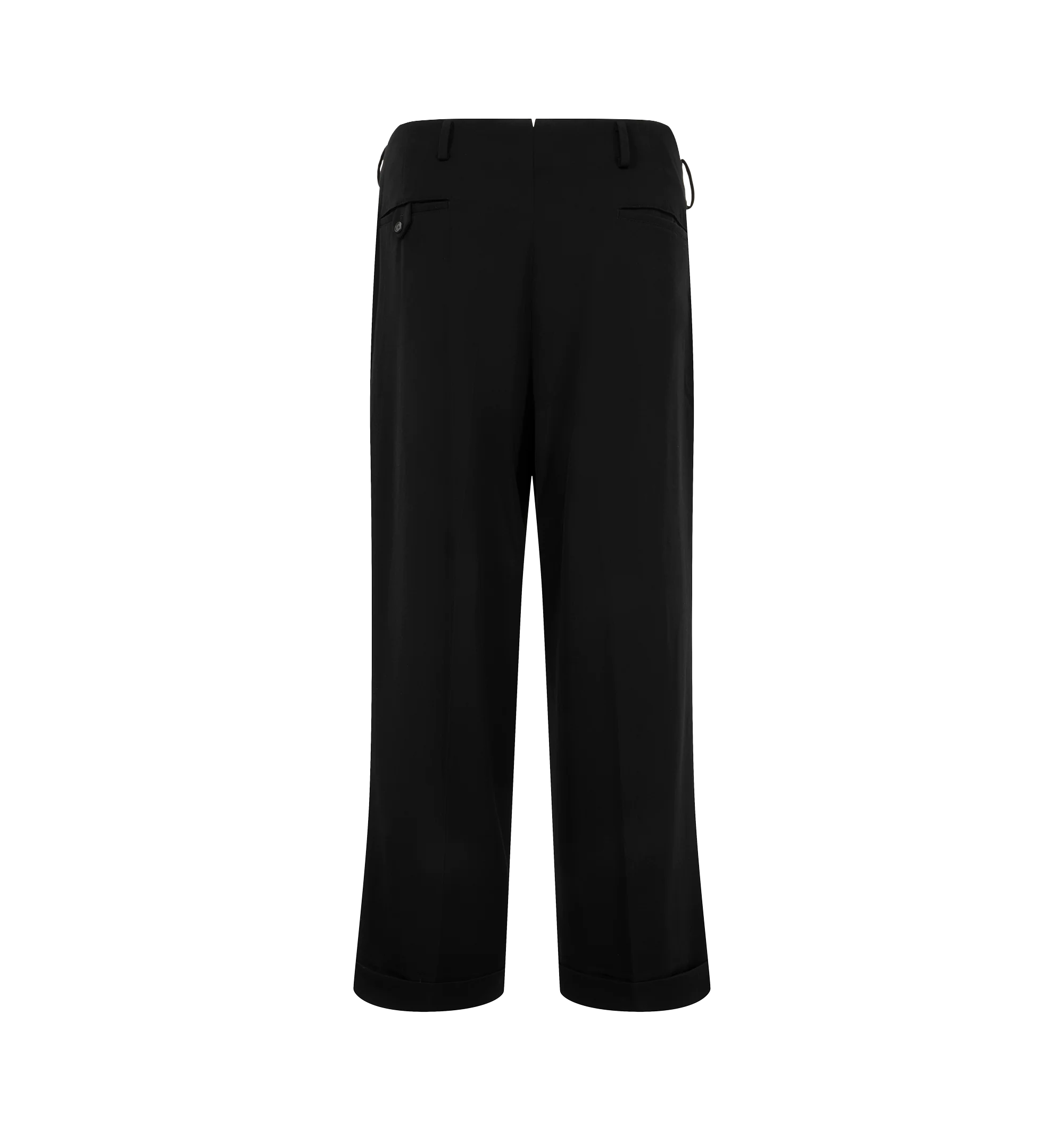 Image 2 of 3 - BLACK - A.Presse Men's Wool Wide Tapered Trousers feature a beltless two-pleat design with a wide leg and tapered silhouette for a refined, tailored look. These designer trousers combine premium wool construction with timeless styling, offering exceptional comfort and versatile wear. Main Material: 100% Wool. Made in Japan.