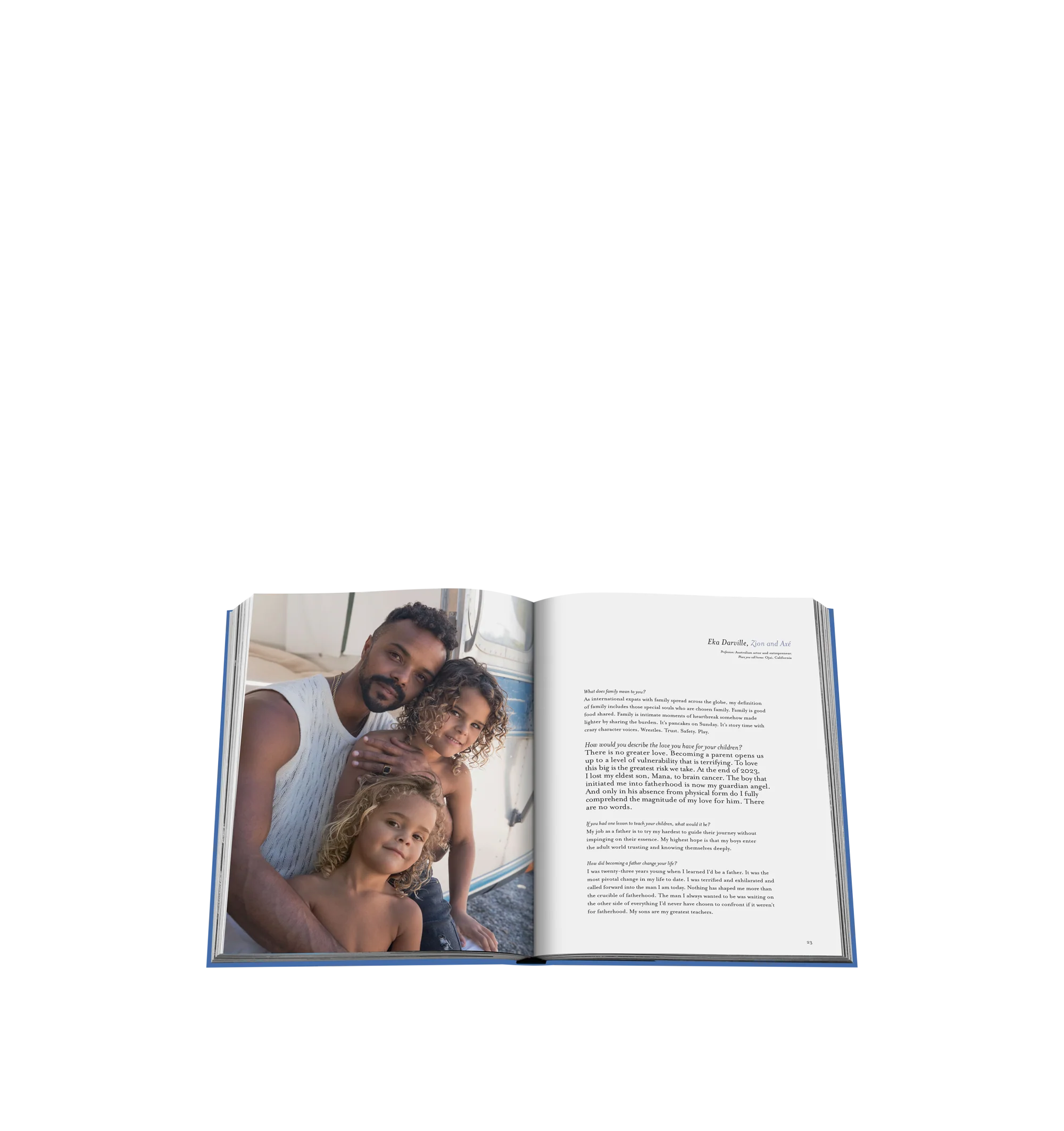 Image 4 of 5 - BLUE - Assouline Father and Child is a luxury coffee table book by renowned photographer Claiborne Swanson Frank that celebrates the profound bond between fathers and their children through intimate portraits and heartfelt personal stories. Featuring more than fifty iconic father-child families from the worlds of sports, fashion, art, film, and design, this designer hardcover book offers a moving exploration of modern fatherhood, accompanied by a foreword by Brunello Cucinelli. Hardcover. Aut 