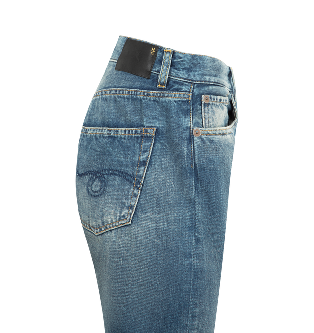 Image 3 of 3 - BLUE - R13 Tailored Drop Jeans featuring mid-weight, non-stretch denim, dropped inseam, leather logo patch at back waistband, cropped fit, fading and whiskering, button closure and zip fly and 5-pocket styling. 100% cotton. Made in Italy.