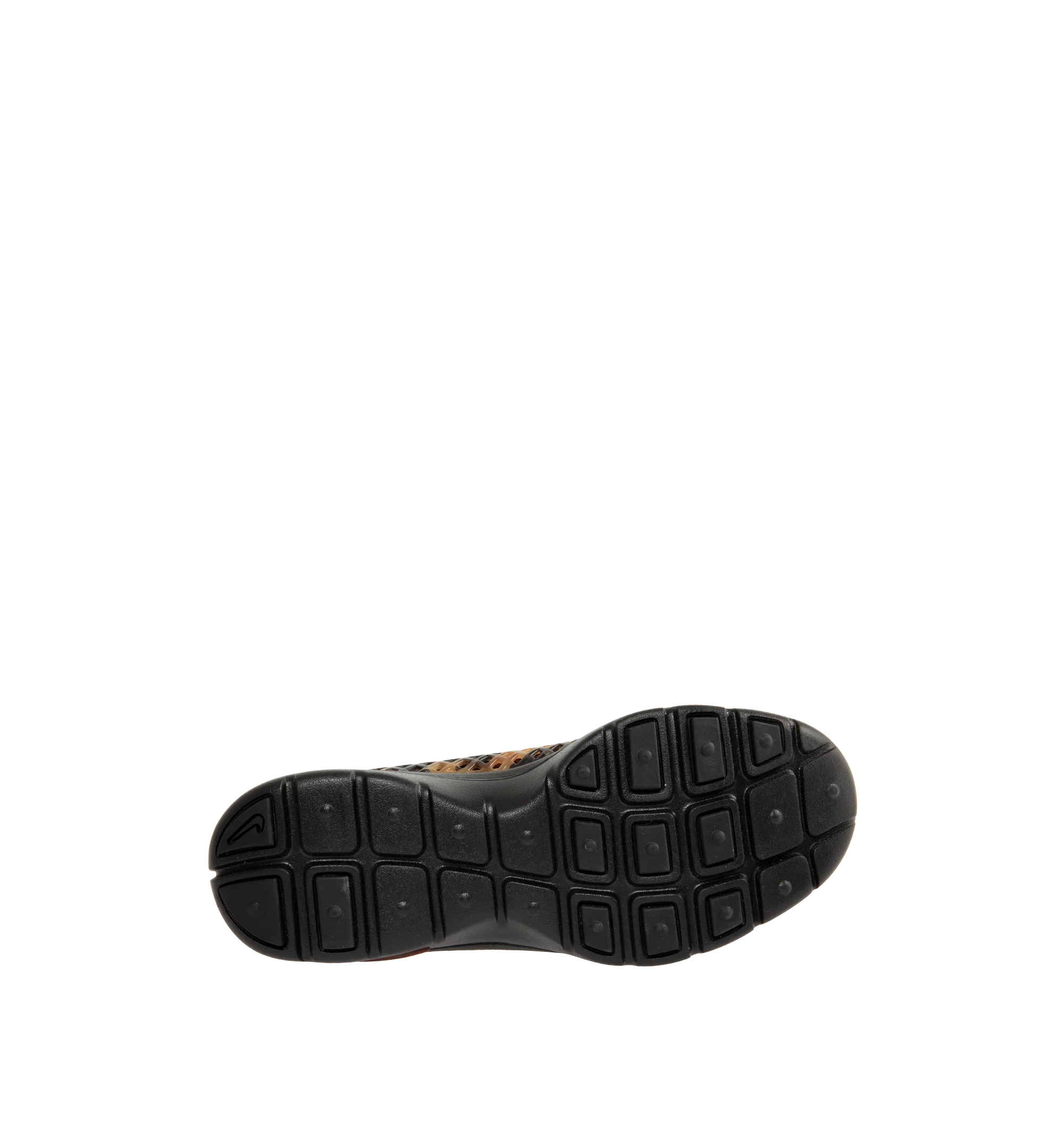 Image 4 of 6 - BROWN - Nike Women's Rejuven8 Run Sneakers feature a black and brown tortoise shell-patterned synthetic upper with a removable mesh bootie and lightly padded collar. Flat laces, heel and tongue pull tabs, a mini Swoosh at the back heel, and Swoosh branding on the sole unit complete the design. ReactX foam provides responsive cushioning, while a rubber outsole offers durable traction. Upper: Synthetic. Bootie: Mesh. Midsole: ReactX Foam. Sole: Rubber. 