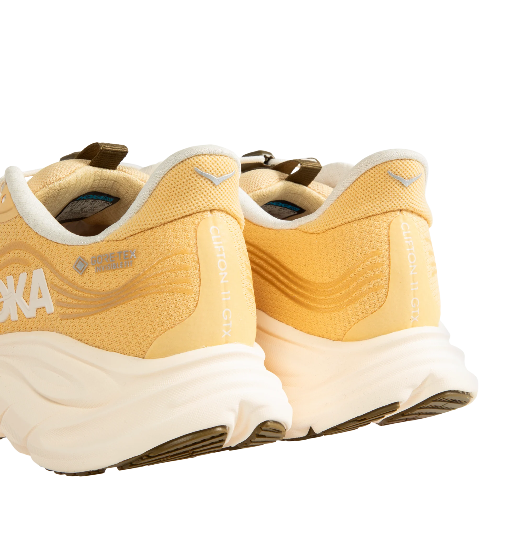 Image 3 of 5 - ORANGE - Hoka Women's Clifton 11 GTX Running Sneakers feature a closed-mesh upper with a GORE-TEX Invisible Fit membrane and PFC-free water-repellent treatment. An adjustable speed-lace system with toggle, reflective details, a compression-molded EVA midsole, and a Durabrasion rubber outsole with forefoot traction pods complete the weather-ready design. Upper: Mesh with GORE-TEX Membrane. Midsole: EVA Foam. Sole: Rubber. Heel-to-Toe Drop: 8 mm. 