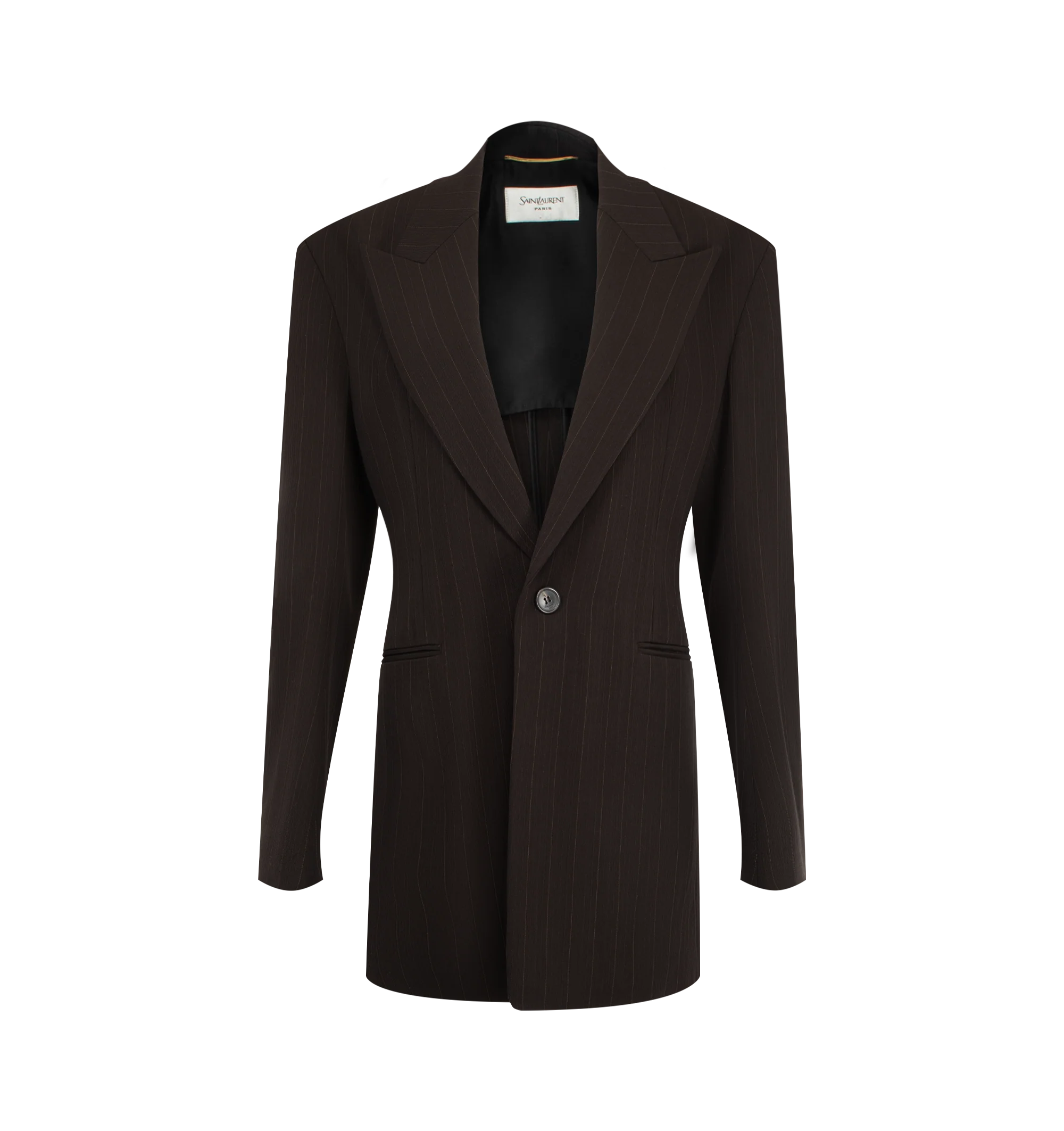 Image 1 of 2 - BROWN - Saint Laurent Women's Striped Wool-Blend Blazer is crafted from brown and beige wool-blend fabric and features defined shoulders with a delicate striped pattern. The tailored silhouette is finished with a single-breasted one-button closure, welt pockets, and interior pockets. Main Material: 63% Wool, 32% Viscose, 5% Polyester. Made in Italy.