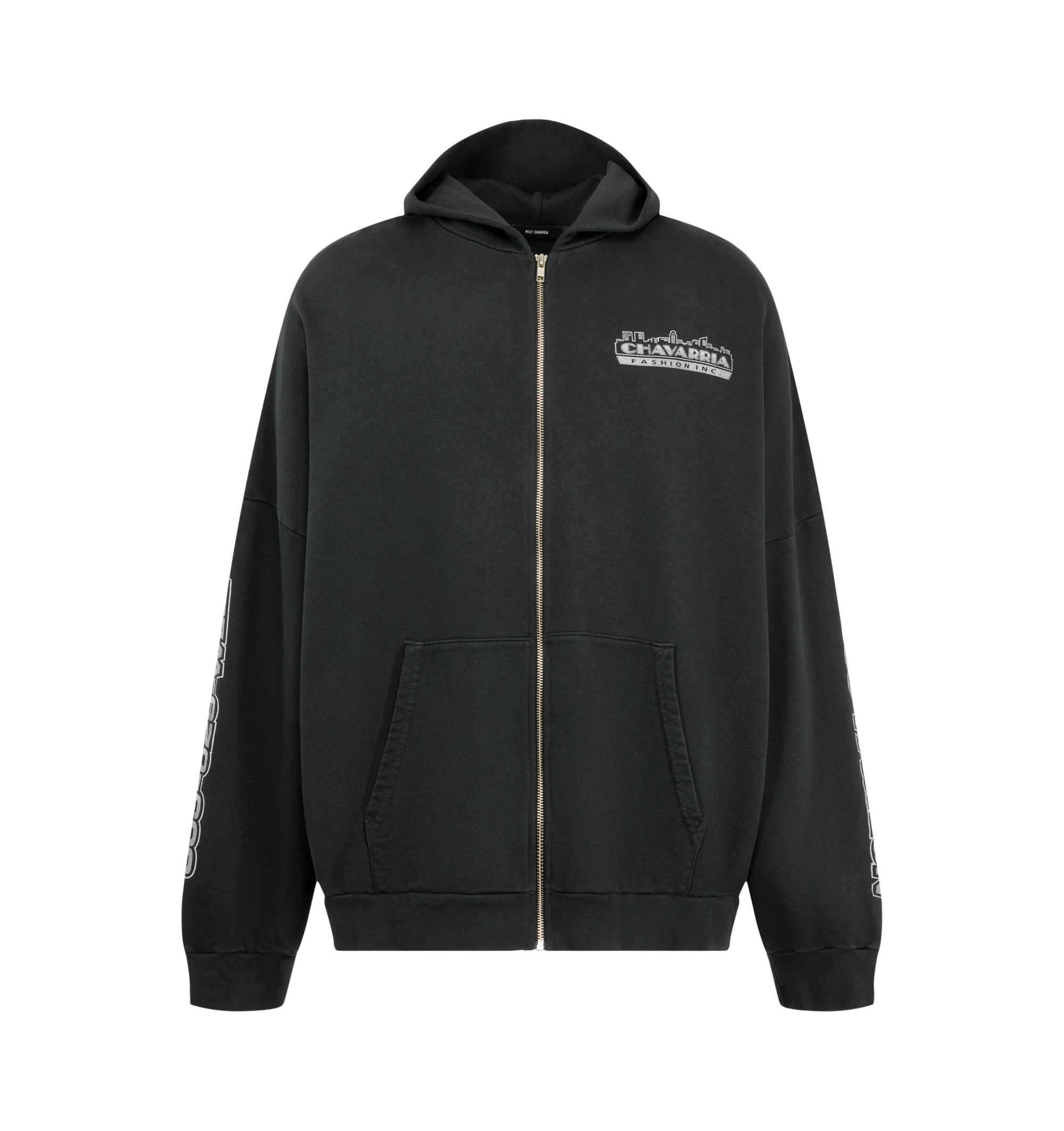 Image 1 of 4 - BLACK - The Chavarria Licensed Designs Zip Hoodie is cut in an oversized silhouette with dropped shoulders for a relaxed, easy fit. Crafted from 100% Cotton.