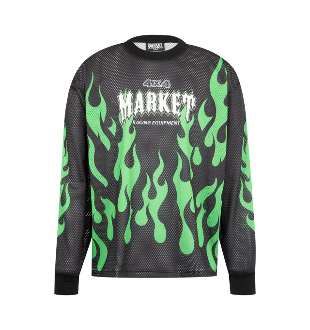 Image 1 of 3 - BLACK - MARKET Toxic Flames Mesh Top featuring soft, breathable mesh, flame graphic up the front and sleeves, relaxed fit, crewneck and long sleeves. 100% polyester.