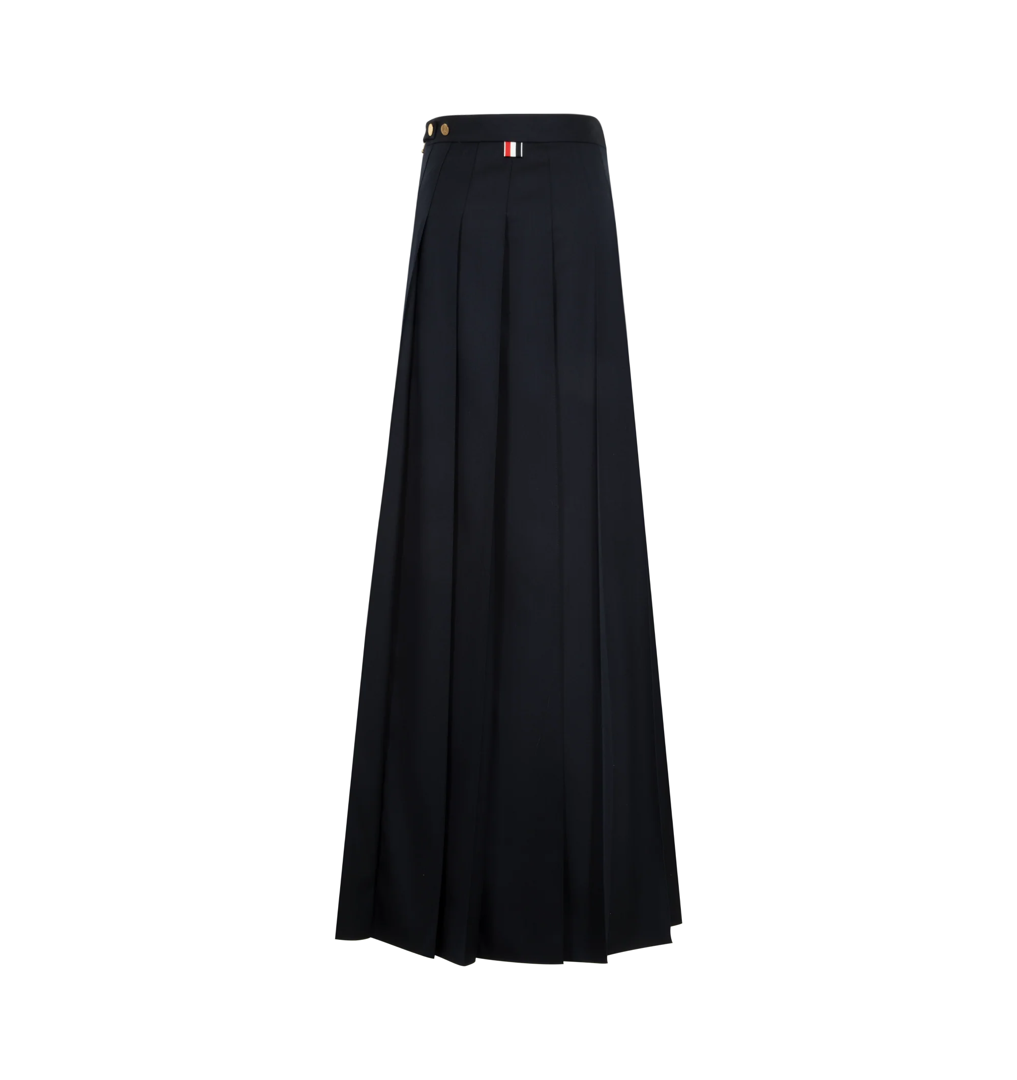 Image 2 of 3 - BLUE - Thom Browne Womens Pleated Long Skirt is crafted from wool twill. Features a pleated silhouette, side zip closure, adjustable button backstrap, dropped back hem with signature grosgrain trim, and signature grosgrain loop tab at the back waist. Main Material: 100% Wool; Lining: 100% Cupro. Made in Italy.