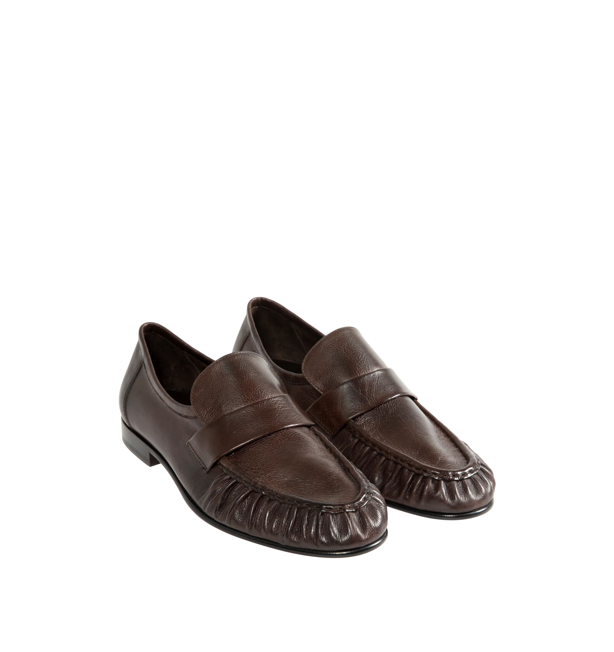 Image 2 of 4 - BROWN - The Row Men's Soft Loafers are crafted from supple calfskin leather and feature a refined moc-toe construction with topstitching, gathered detailing, and a classic strap across the vamp. Main Material: 100% Calfskin Leather. Heel Height: 0.75 in. Made in Italy.