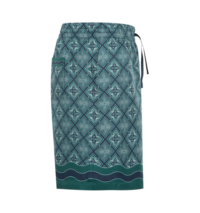 Image 3 of 3 - GREEN - Casablanca Men's Radiating Monogram Silk Shorts in relaxed design with an elasticised waistband with drawstring fastening, in-seam side pockets, a back pocket, and Memphis wave-inspired stripe detail on the hem and pocket. Designed to be worn with the coordinating silk shirt. 100% silk twill fabric. Made in Italy.