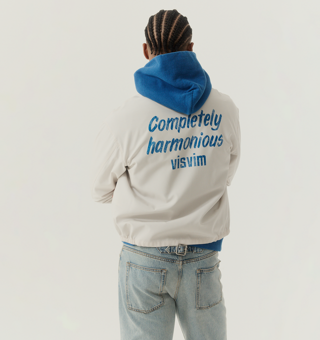 Image 3 of 5 - WHITE - VISVIM Somer Swing Top featuring two side pockets, zipper closure, one inner pocket on left, pressed finish and graphic print on back. 62% wool, 38% silk. Made in Japan.