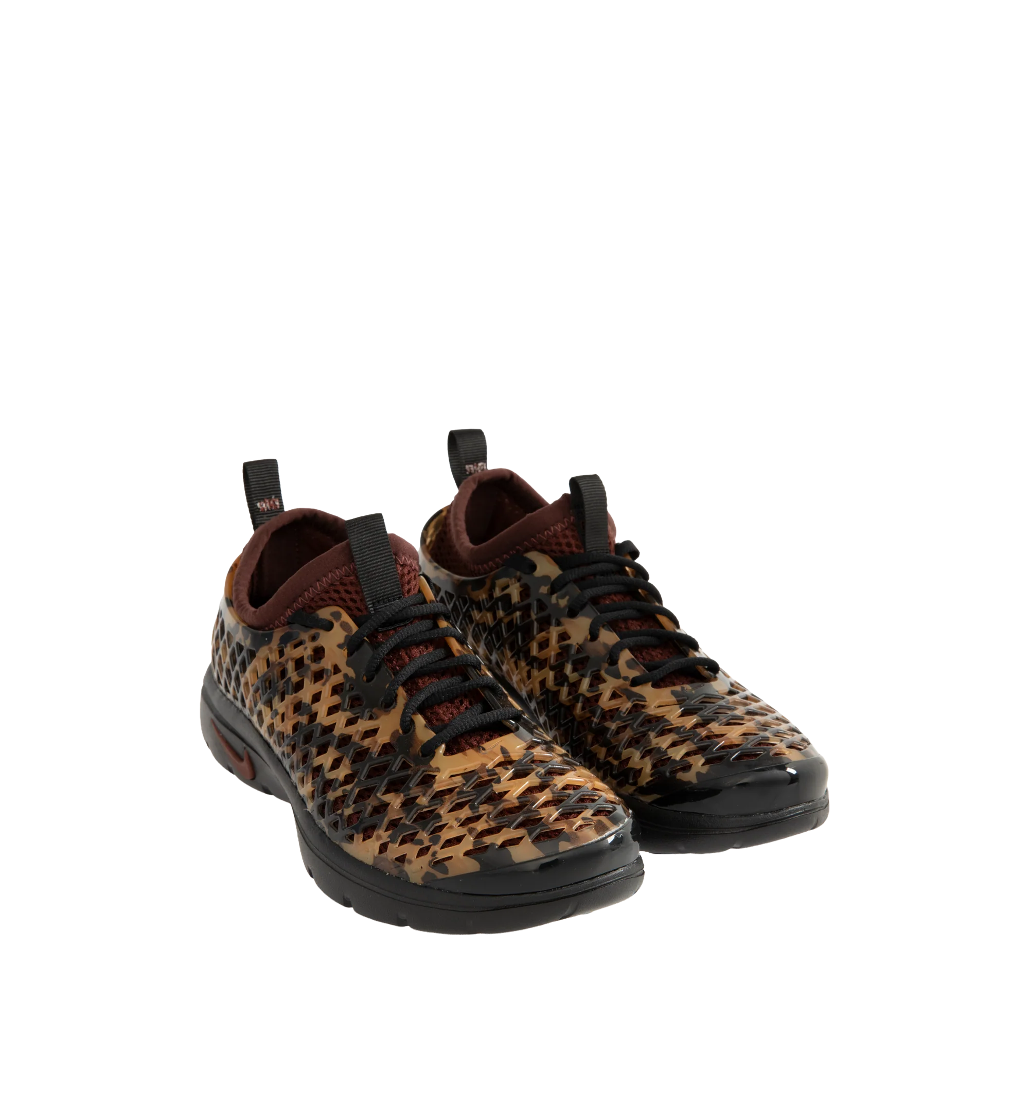 Image 2 of 6 - BROWN - Nike Women's Rejuven8 Run Sneakers feature a black and brown tortoise shell-patterned synthetic upper with a removable mesh bootie and lightly padded collar. Flat laces, heel and tongue pull tabs, a mini Swoosh at the back heel, and Swoosh branding on the sole unit complete the design. ReactX foam provides responsive cushioning, while a rubber outsole offers durable traction. Upper: Synthetic. Bootie: Mesh. Midsole: ReactX Foam. Sole: Rubber. 