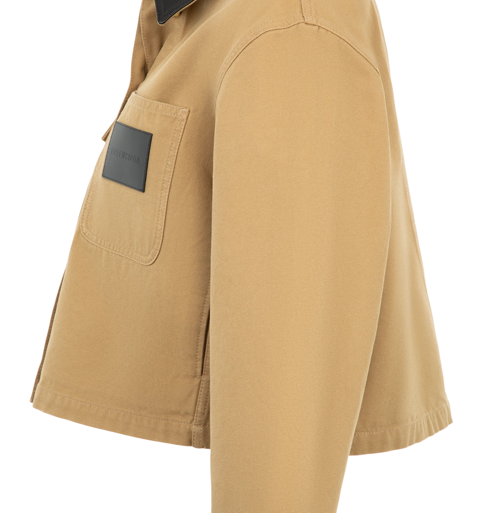 Image 3 of 3 - NEUTRAL - Balenciaga Women's Cropped Workwear Jacket is crafted from heavyweight cotton and features a cropped silhouette with a flat calfskin leather collar, a double-breasted five-button front, and gold-tone button detailing. Inspired by classic utility workwear, this designer jacket is finished with buttoned cuffs, a flap chest pocket, a patch pocket with a Balenciaga logo leather patch, and two front slash pockets, combining functional design with the house's modern aesthetic. Main Materi