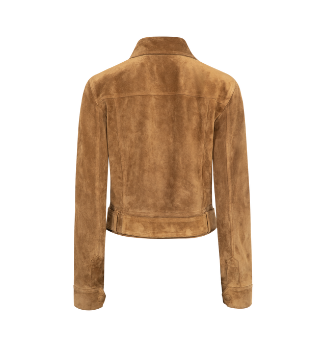 Image 2 of 3 - BROWN - SAINT LAURENT  Jacket in vintage split leather featuring short jacket with a pointed collar, straight shoulders, adjustable belt at the hem, silk lining, front button closure, two patch pockets with buttoned flap at the chest, one inner welt pocket and one-button cuffs. 100% calfskin. Made in Italy. This item may be restricted for online purchase to international clients. For assistance purchasing this item please contact our dedicated stylist team at personalshopping@hirshleifers.com 