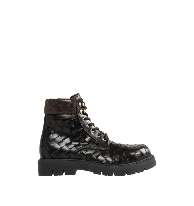 Image 1 of 4 - BLACK - BOTTEGA VENETA Haddock Lace-Up Ankle Boot featuring smooth leather with all-over Intrecciato craftsmanship and rubber outsole. Calfskin, lambskin. Made in Italy.