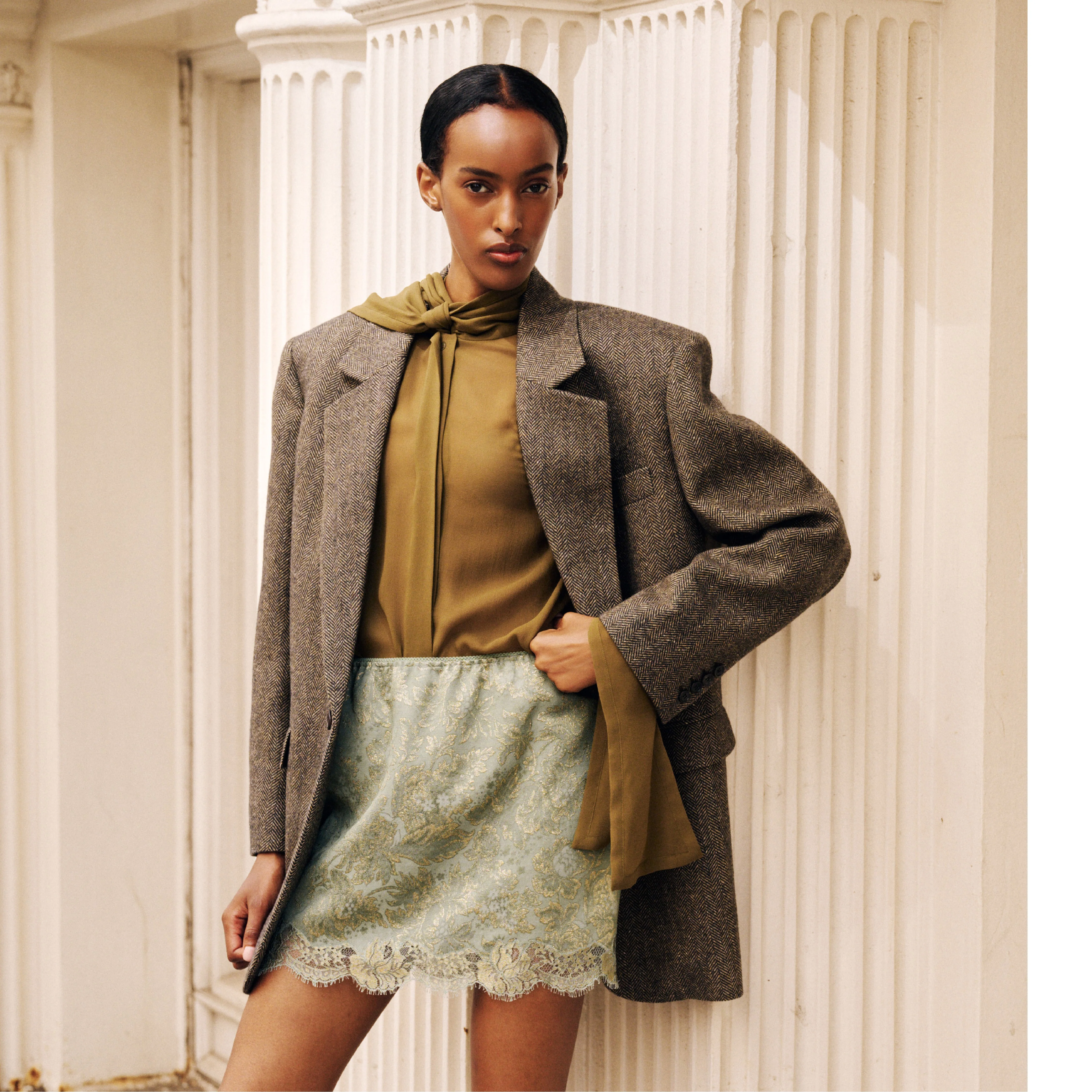 Image 3 of 3 - GREEN - Saint Laurent mini skirt with an elasticized waist, decorated with a metallic floral jacquard motif and scalloped lace hem. Crafted from certified viscose with silk lining. Made in Italy.