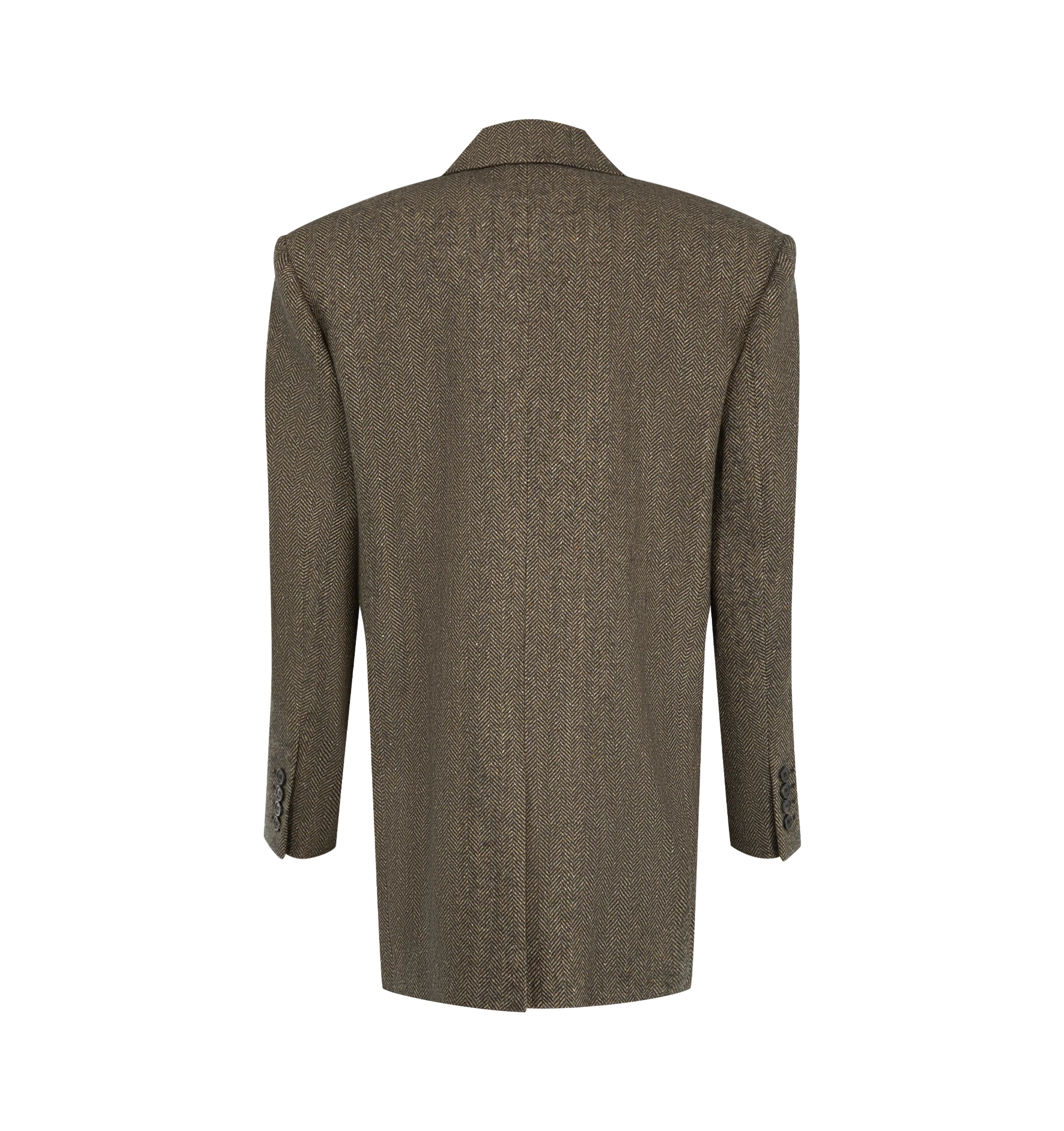 Image 2 of 4 - BROWN - Saint Laurent Womens Single-Breasted Jacket is crafted from certified virgin wool. Features a single-breasted one-button closure, notched lapels, padded shoulders, four-button cuffs, two front jetted pockets with button flaps, two interior jetted pockets, silk lining, and a single back vent. Main Material: 100% Virgin Wool; Lining: Silk. Made in Italy. 