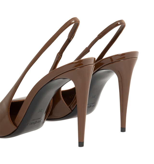 Image 3 of 4 - BROWN - Saint Laurent Guermantes slingback pumps in patent leather slingback pumps with a pointed toe, round saint laurent-engraved metal plaque on the insole, leather sole, elasticized slingback strap and 9.5cm covered stiletto heel. Calfskin, lambskin. Made in Italy. 