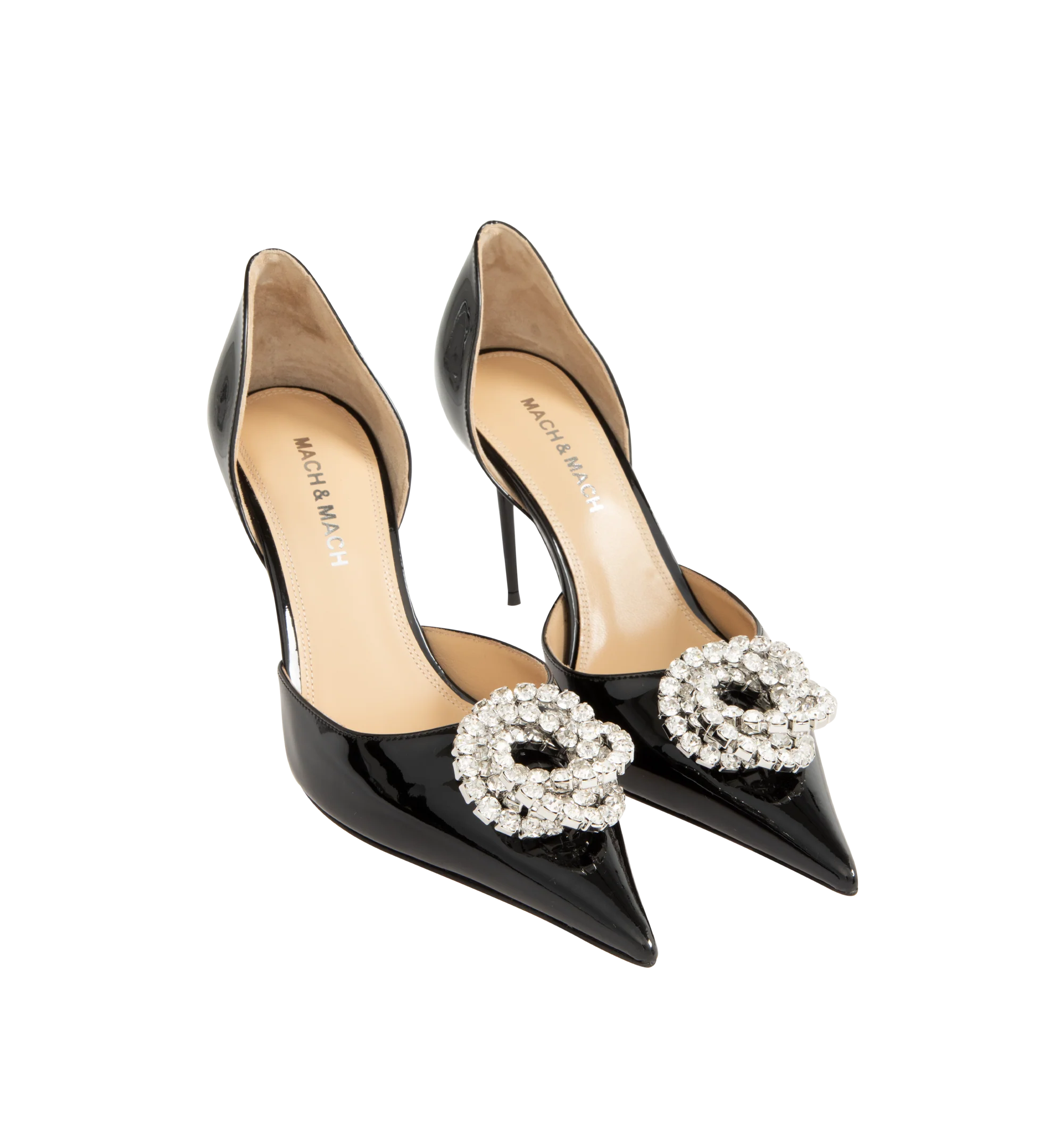 Image 2 of 4 - BLACK - Mach Mach Women's Galaxy 95 D'Orsay Pumps are crafted from patent leather and feature an elegant D'Orsay silhouette with a pointed toe. Designed with a crystal-embellished Galaxy buckle detail, slip-on construction, leather lining, and a 95mm stiletto heel for a refined statement finish. Main Material: Patent Leather.
