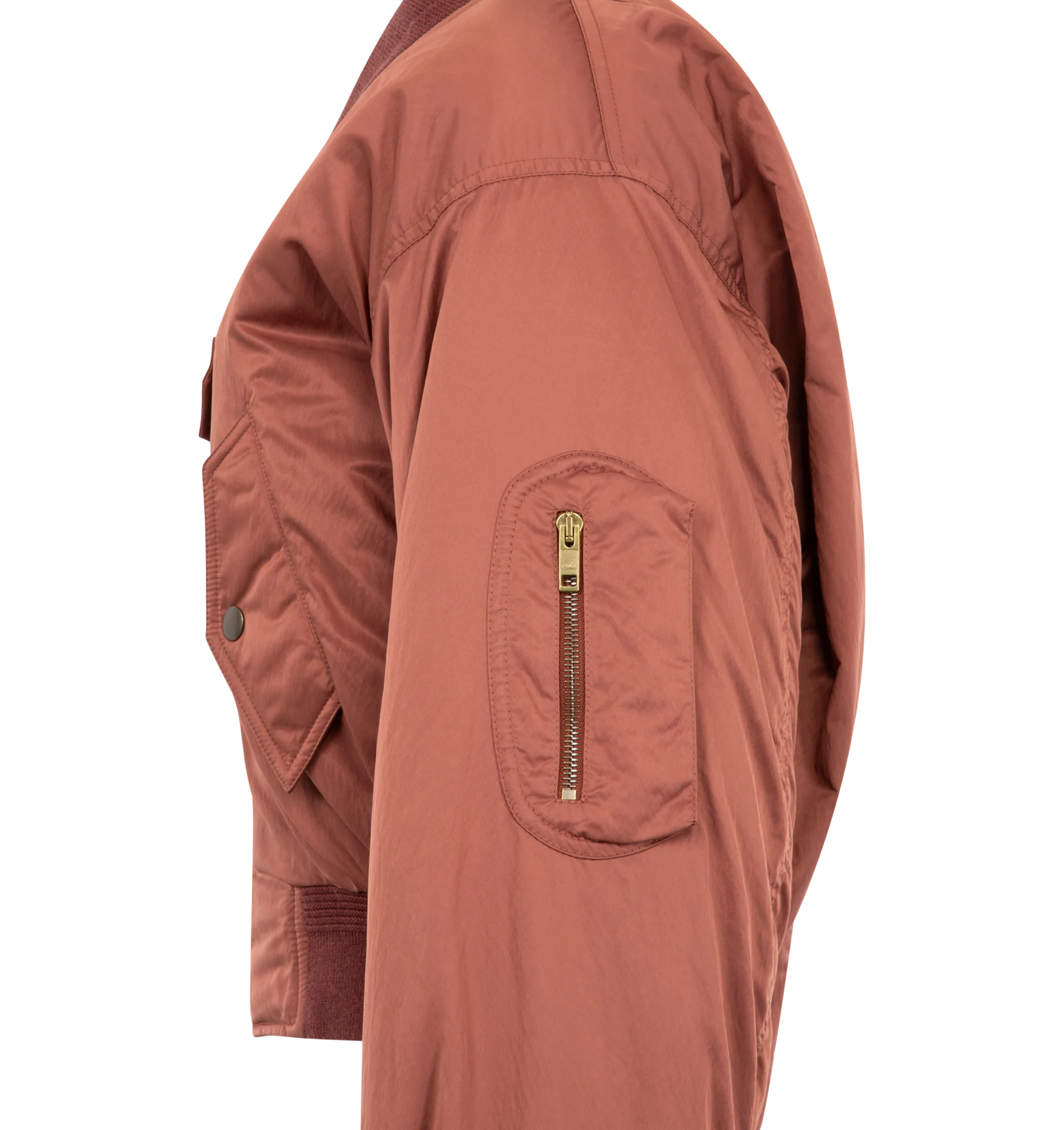 Image 3 of 3 - RED - Chlo Womens Bomber Jacket is crafted from recycled nylon blend fabric. Features a straight fit, oversized collar, front zip closure with snap-button tab, ribbed trims, front flap pockets with snap-button closures, and a zippered sleeve pocket. Main Material: 58% Polyester, 42% Polyamide; Lining: 100% Polyester; Collar Cuffs: 88% Wool, 9% Polyamide, 3% Elastane. Made in Italy.