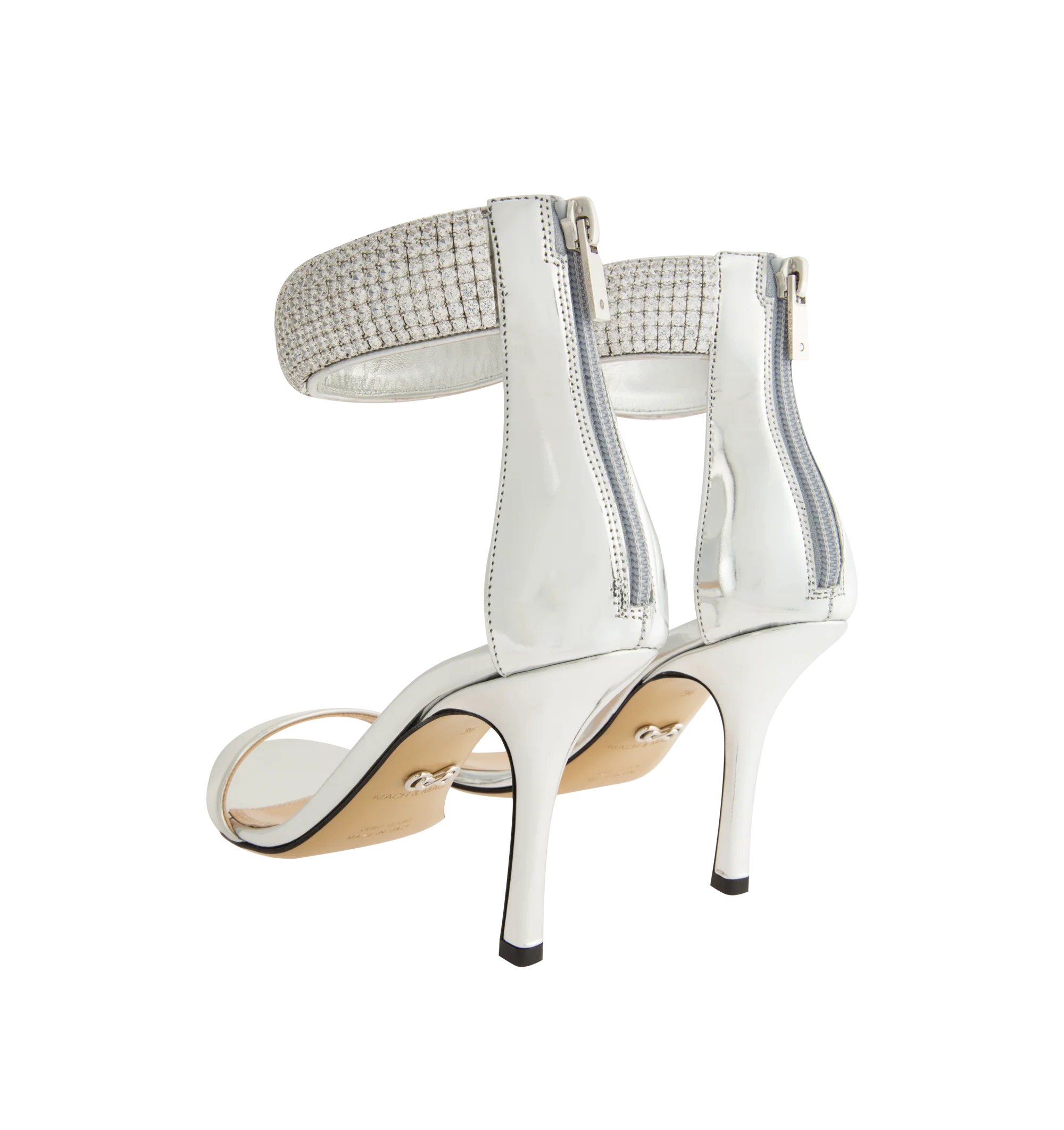 Image 3 of 4 - SILVER - Mach Mach Women's She's A Lady Heeled Sandals are crafted from leather and feature an elegant round open-toe silhouette with a 95mm stiletto heel. Designed with crystal-embellished ankle detailing, a rear zip closure, leather lining, and a leather sole, the sandals offer a refined statement finish. Main Material: Calf Leather. Lining: 100% Leather. Sole: 100% Calf Leather. Made in Italy.
