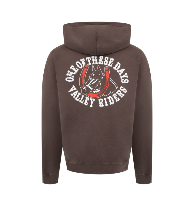 Image 2 of 2 - BROWN - ONE OF THESE DAYS Valley Riders Zip Up Hoodie featuring a relaxed fit, zip closure, fixed hood, kangaroo pocket, ribbed trims and screen-printed graphics. 100% cotton.