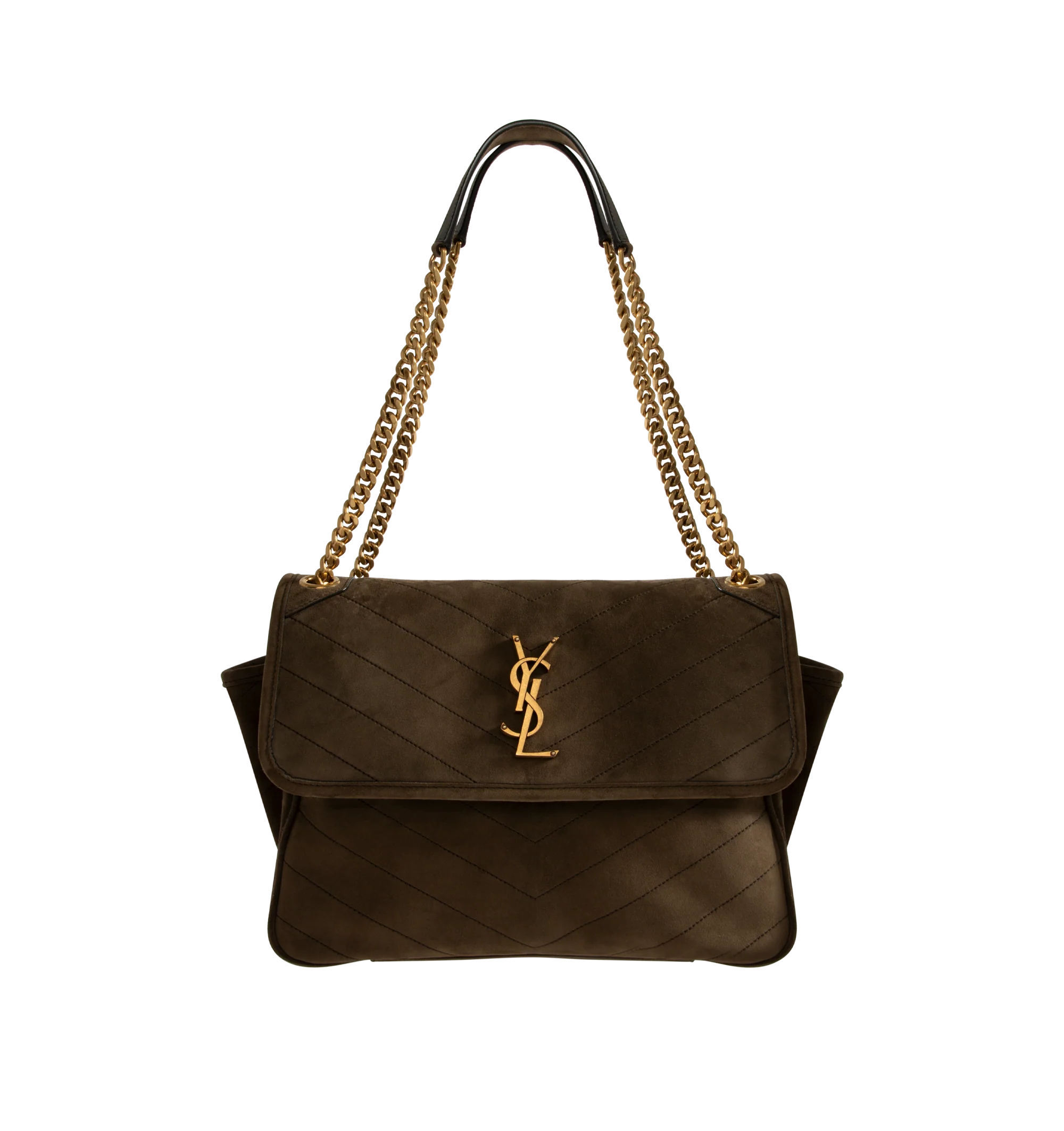 Image 1 of 3 - BROWN - Saint Laurent Womens Shoulder Bag is crafted from vintage calfskin leather suede. Features signature Cassandre logo, chevron-quilted topstitching, sliding chain strap for shoulder or crossbody wear, magnetic flap closure, three main compartments, one flat pocket, one zip pocket, cotton lining, and silver-tone hardware. Main Material: Calfskin Leather Suede; Lining: Cotton; Hardware: Brass. Dimensions: 28 x 13.5 x 20.5 cm / 11'' x 5.3'' x 8.1'' Made in Italy.