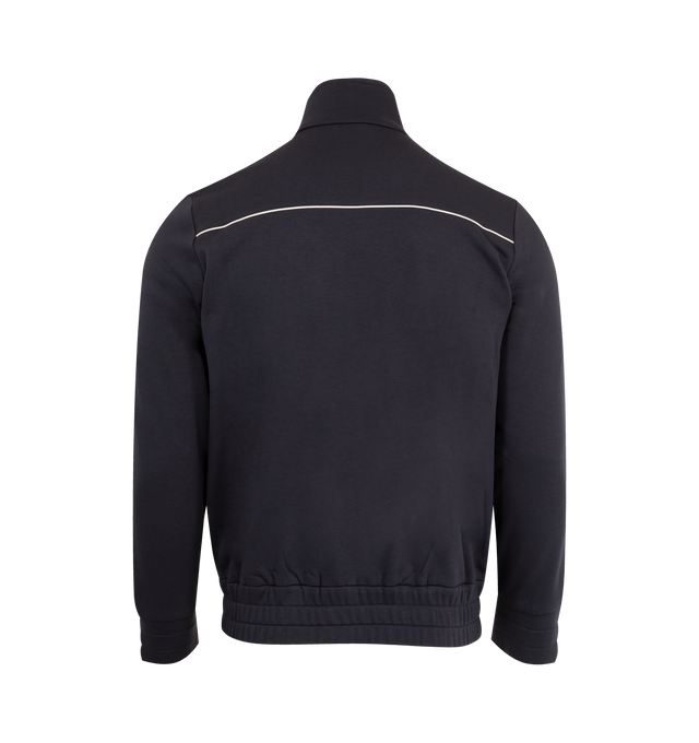 Image 2 of 3 - NAVY - MONCLER Fleece Zip Jacket featuring contrast piping, comfortable fleece, stand collar, two-way zipper, logo text front, welt pockets and banded cuffs and hem. 44% cotton, 44% modal, 12% polyester. 