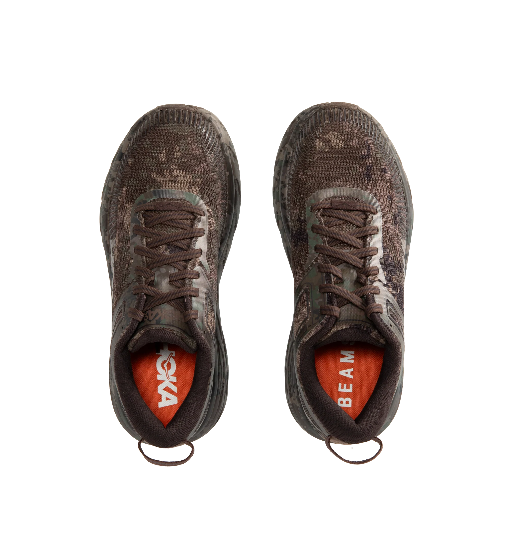 Image 5 of 5 - BROWN - Hoka Unisex Bondi 7 Beams Sneakers reinterpret the ultra-cushioned silhouette with a custom camouflage upper inspired by Japanese Zen gardens. The vegan open-mesh construction features a memory foam collar, TPU overlays, 3D-printed logos, a reflective secondary lace, and a lace keeper. Upper: Vegan Mesh and TPU. *Unisex style in men's sizing.