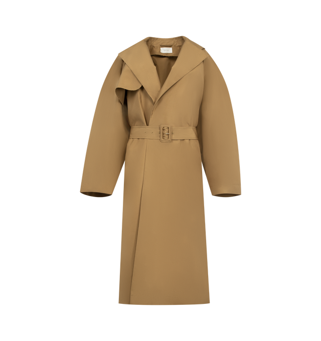 Image 1 of 3 - BROWN - THE ROW Amapola Coat featuring calf-length trench coat in silk with notch collar, slant welt pockets and removable buckle belt with open front. 100% silk. Made in Italy.