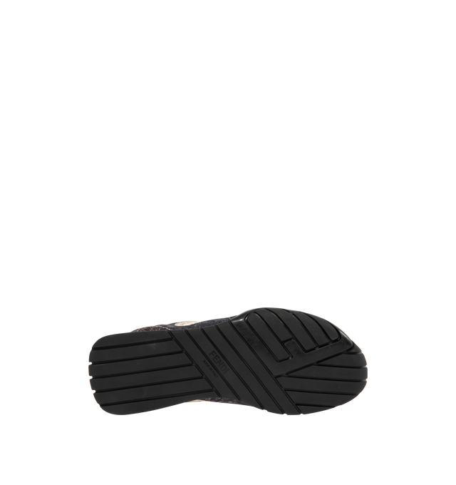 Image 4 of 5 - GREY - FENDI Wave Pulse Sneaker featuring low-top, lace-up closure, technical fabric with a gray graphic print and matching suede inserts, contrasting black cavallino calfskin details, folded tongue, tubular laces, three-dimensional rubber logo on the side, gold-colored metal Fendi logo on the tongue, rubber running sole with wraparound edge on the side and diagonal F motif. 100% calfskin. 100% polyamide. Inside: 100% lamb leather. Made in Italy.