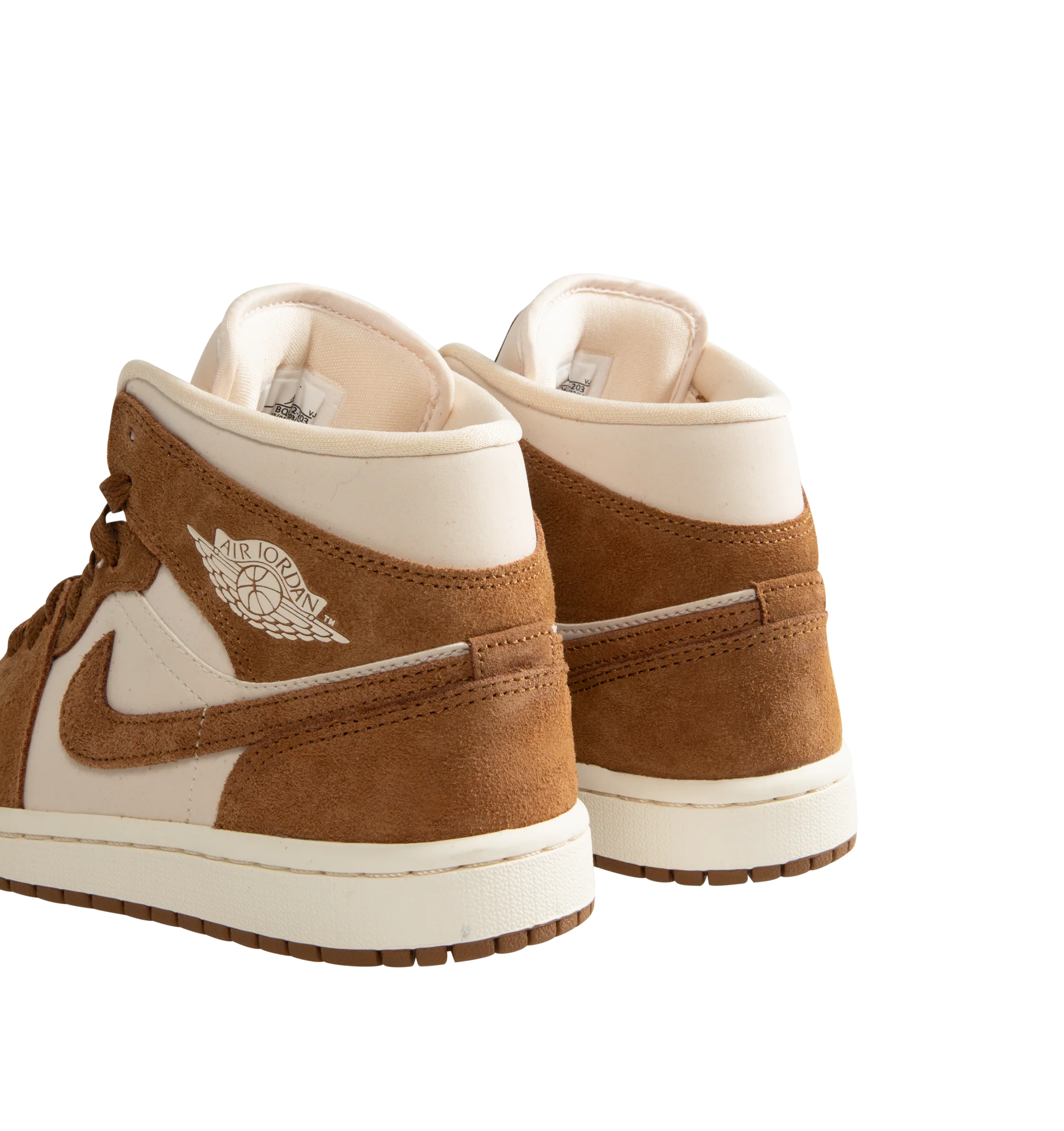 Image 3 of 5 - BROWN - Women's Air Jordan 1 Mid Sneakers feature a genuine and synthetic leather upper with a classic mid-top silhouette for durable comfort and timeless style. Inspired by the iconic original, these lifestyle sneakers combine lightweight Air-Sole cushioning, a padded collar, and a durable rubber outsole for everyday support and reliable traction. Main Material: Genuine Leather and Synthetic Leather. Midsole: Foam with Air-Sole Unit. Sole: Rubber. 