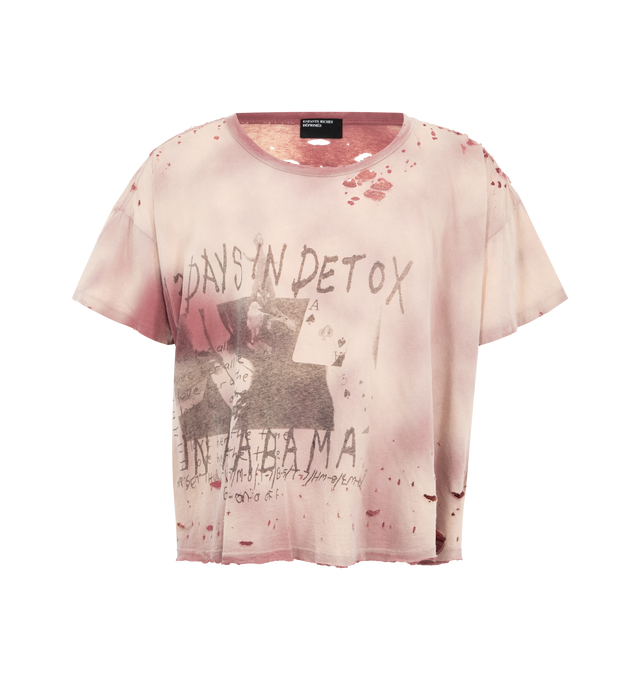 Image 1 of 2 - BROWN - Enfants Riches Deprimes 13 Days in Detox short sleeve T-shirt crafted from thin cotton jersey. Featuring a boxy oversize fit, rib knit neckline, single stitch hem at cuffs and waist, vintage wash process and distressing throughout, and printed artwork spanning the entire front, over seams. Made in USA.