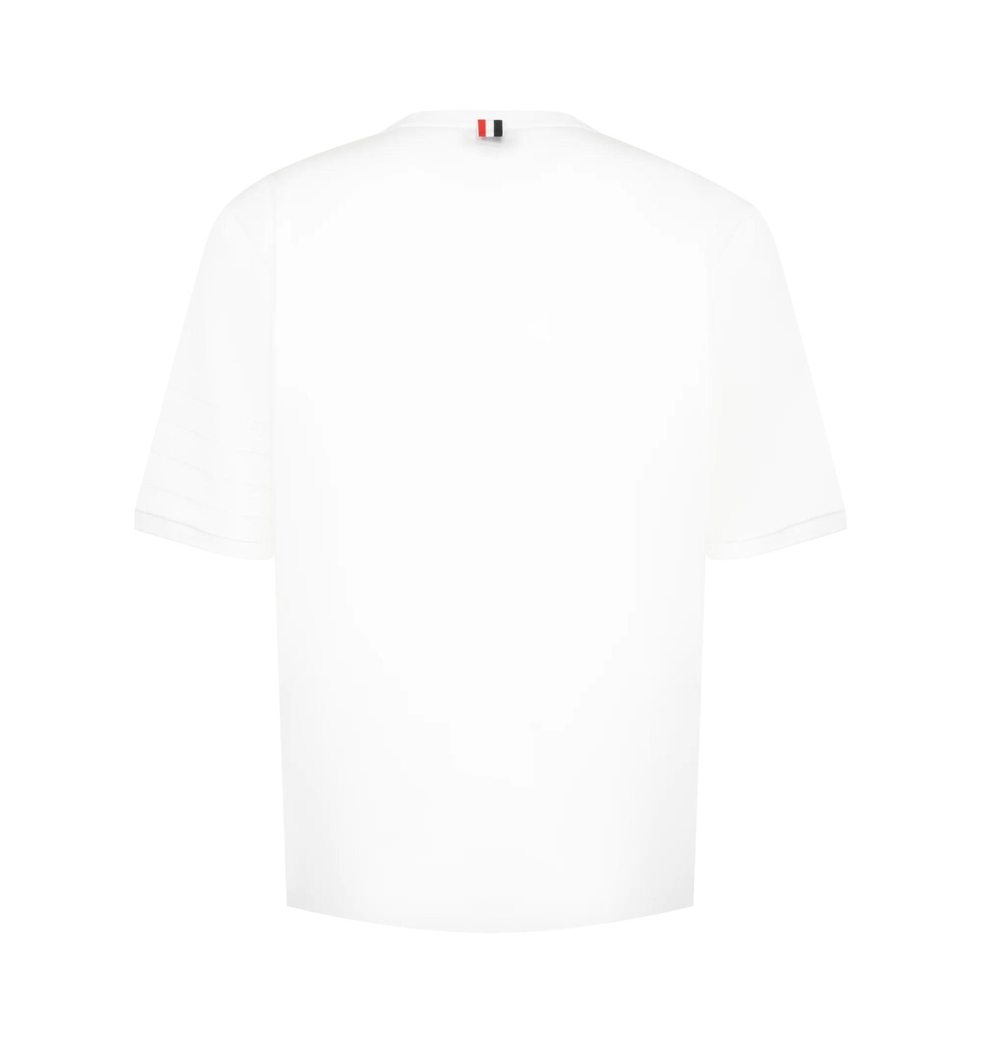 Image 2 of 3 - WHITE - Thom Browne Mens Jersey Ottoman 4-Bar T-Shirt is crafted from cotton jersey and features a rib-knit crew neckline, tonal ottoman-stitch 4-bar detailing at the sleeve, rib-knit cuffs, side vents with signature RWB grosgrain trim, a stepped hem, name tag appliqu, and the signature striped grosgrain loop tab. This designer cotton T-shirt combines a classic crewneck silhouette with iconic Thom Browne detailing for elevated everyday wear. Main Material: 100% Cotton; Combo 1: 87% Cotton, 12 