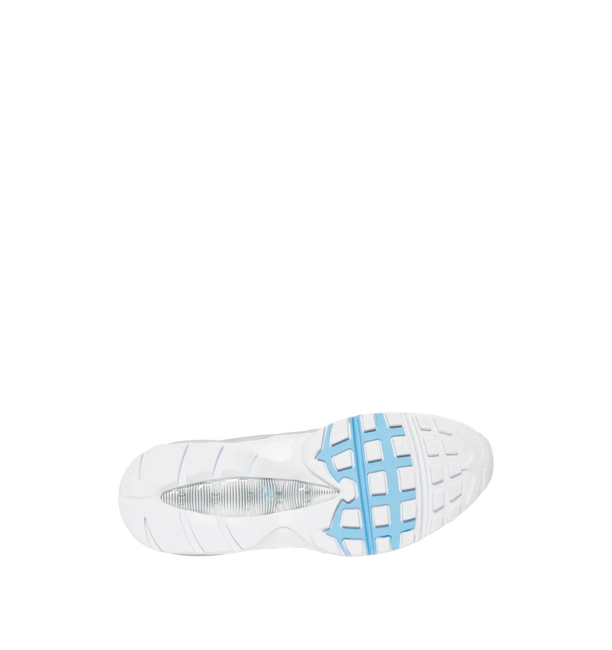 Image 4 of 5 - BLUE - Nike Men's Air Max 95 Big Bubble Sneaker featuring textile and synthetic leather, visible Max Air cushioning, flex grooves in the midsole and outsole, foam midsole and rubber outsole. 