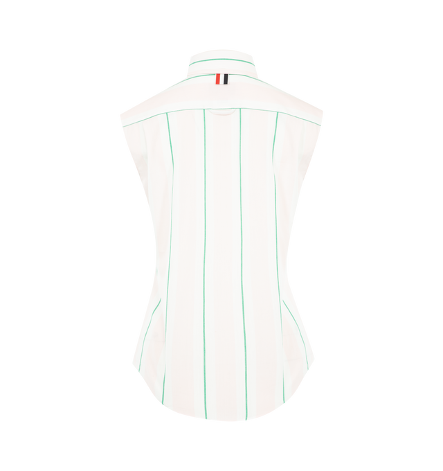 Image 2 of 3 - PINK - THOM BROWNE Madras Cotton Striped Sleeveless Shirt featuring front button closure, button-down point collar, patch chest pocket, pleated back yoke with locker loop, curved hem, name tag appliqu and signature striped grosgrain loop tab. 100% cotton. Made in Italy. 