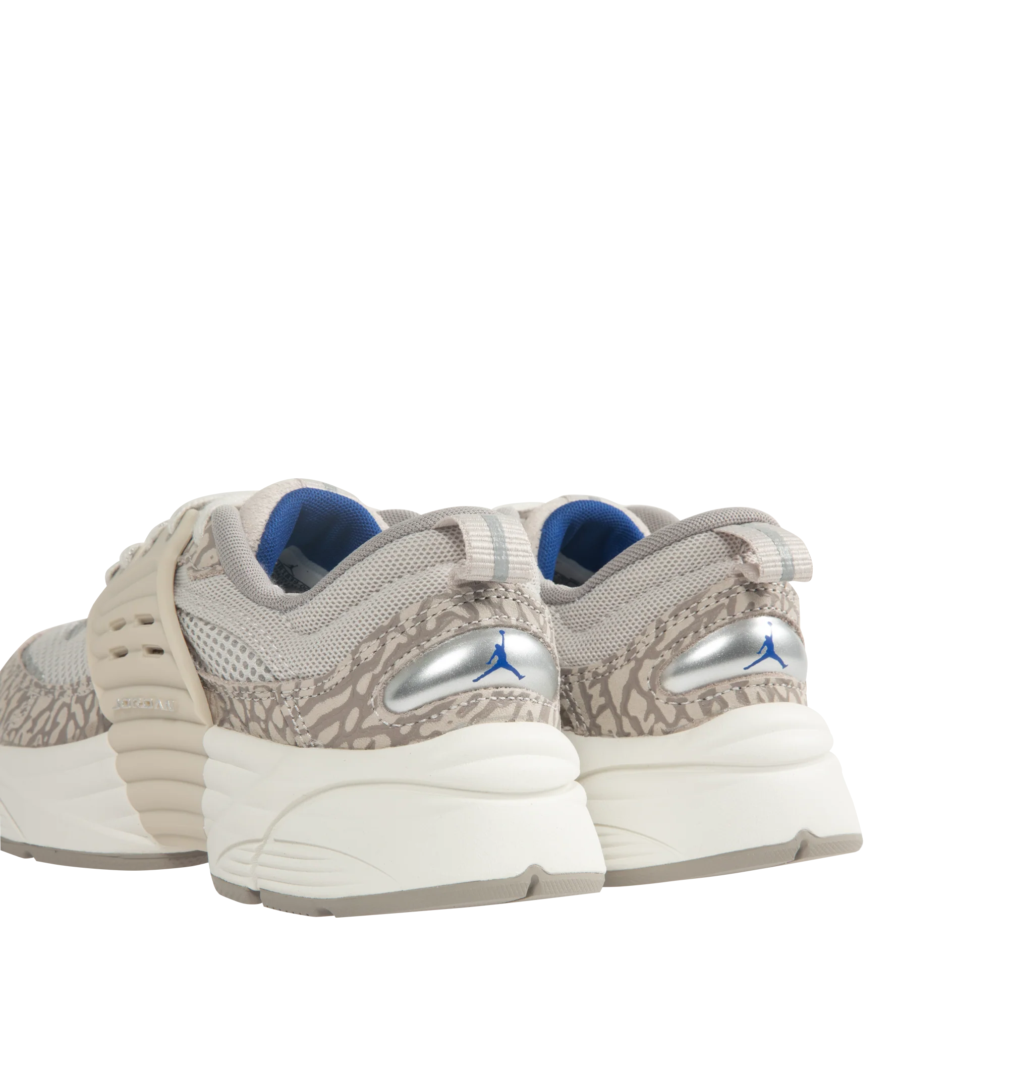Image 3 of 5 - GREY - Women's Jordan Trunner O/S Sneakers feature a breathable mesh upper with suede overlays and a modern silhouette inspired by the original Jordan Trunner. These lifestyle sneakers combine responsive foam cushioning, molded midfoot support wings, and a durable rubber outsole for lightweight comfort, stability, and everyday traction. Main Material: Mesh and Suede. Midsole: Responsive Foam. Sole: Rubber. 