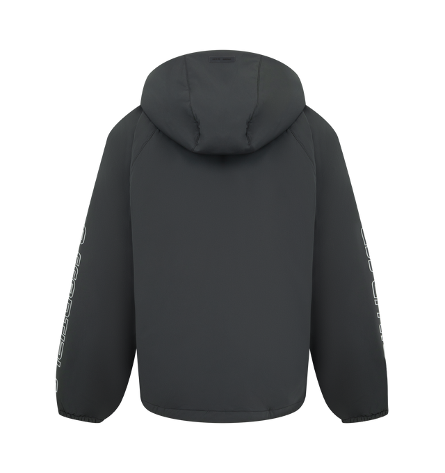 Image 2 of 3 - BLACK - FEAR OF GOD ESSENTIALS Tech Nylon Half Zip Anorak Jacket featuring tech nylon-spandex, metallic 3M-printed Essentials graphic on the sleeves, relaxed, rounded silhouette, a hood, raglan sleeves, half-zip front, elasticized cuffs and bungee toggles at the waist hem for adjustable styling and a Fear of God Essentials rubberized label stitched at the center front. 84% nylon, 16% spandex.