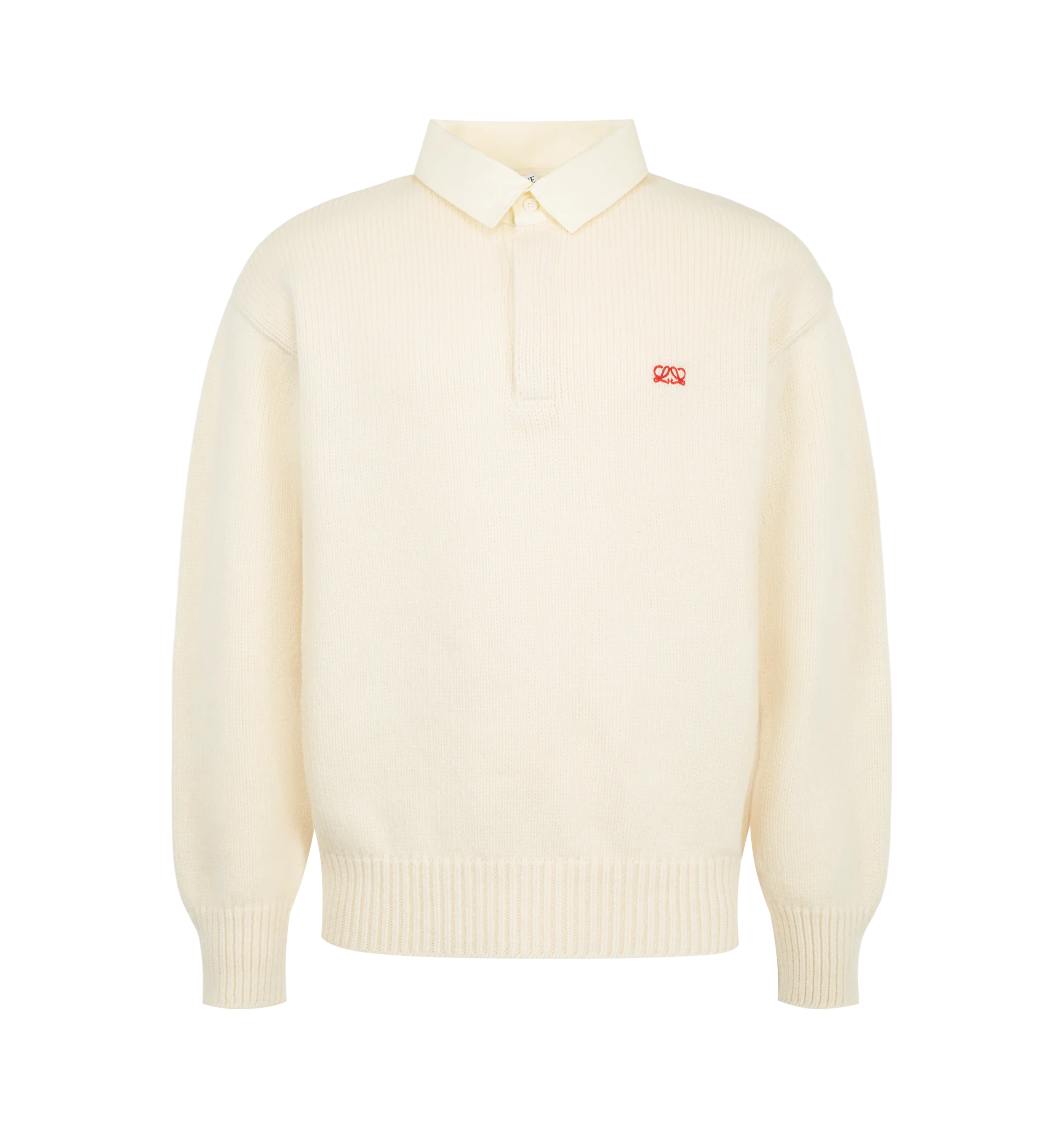 Image 1 of 2 - CREAM - Loewe men's wool sweater crafted from medium-weight wool in a jersey stitch knit. The design features a poplin buttoned polo collar, a regular fit and length, ribbed cuffs and hem, and the signature Double L embroidery at the chest for a refined finish. Material: 100% wool. Made in Italy.