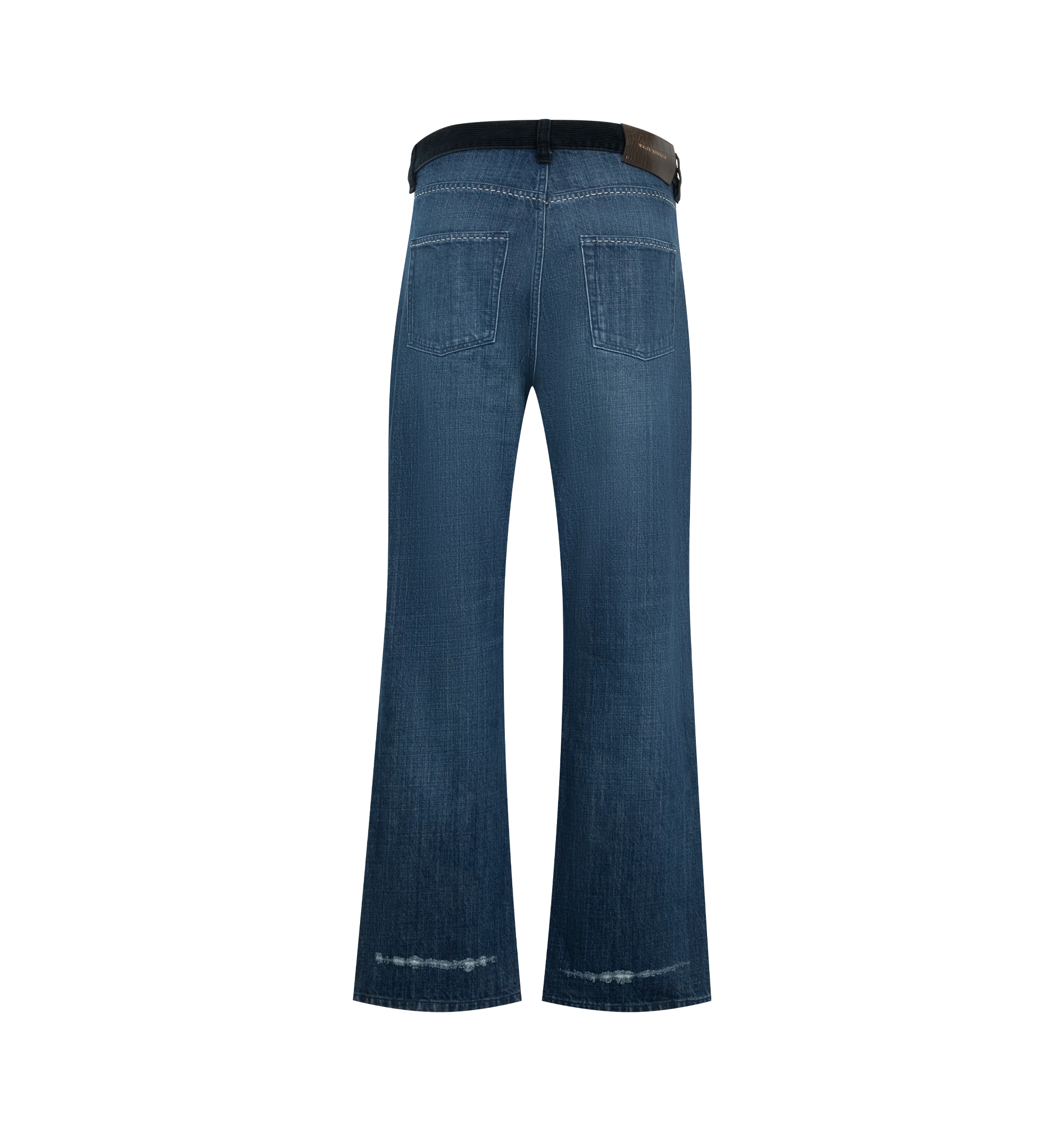 Image 2 of 3 - BLUE - Wales Bonner Men's Studio Jeans are crafted from pure cotton denim and  contrasting corduroy waistband, contrast stitching, and subtle distressed detailing for a lived-in finish. Embroidered branding at the coin pocket and a leather logo patch at the back complete the heritage-inspired design. Main Material: 100% Cotton.  
