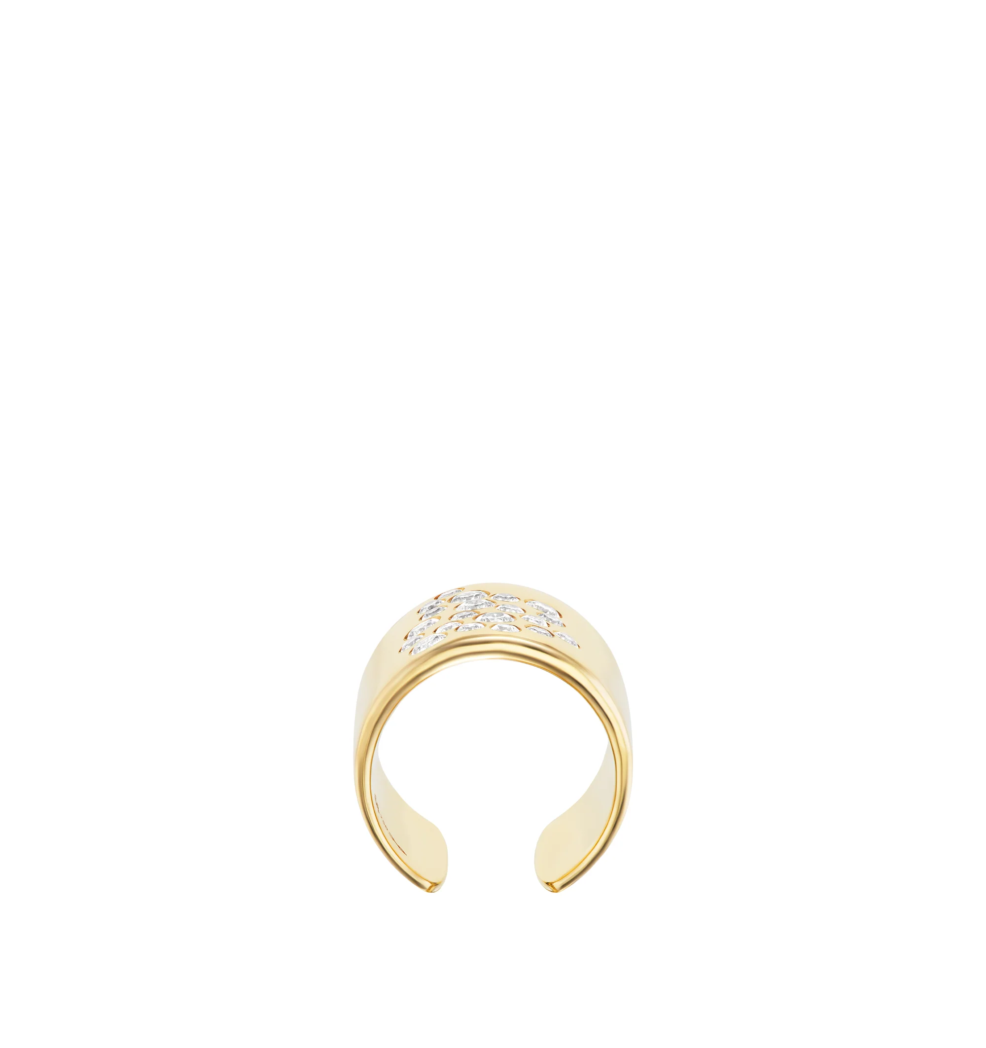Image 2 of 4 - GOLD - Uniform Object Mega Stoned Cuff Ring featuring 18.33 g of solid 18K yellow gold with 1.54 TCW round diamond clusters. Dimensions: 2.33 mm band width; 20 mm length. Handcrafted in New York City. For personal consultation and detailed information about jewelry, please contact our dedicated stylist team at personalshopping@?hirshleifers.com.This item may be restricted for online purchase to international clients. For assistance purchasing this item please contact our dedicated stylist tea