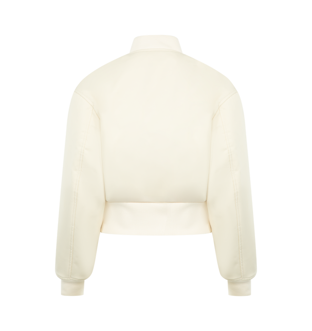 Image 2 of 3 - WHITE - BALENCIAGA Cropped Bomber Jacket featuring technical faille, cropped bomber with rounded sleeves, front zip closure, 2 front slash pockets, ribbed trims and high gathered waistband. 100% polyester. Lining: 100% viscose. Filling: 60% silk, 40% polylactide. Made in Italy.