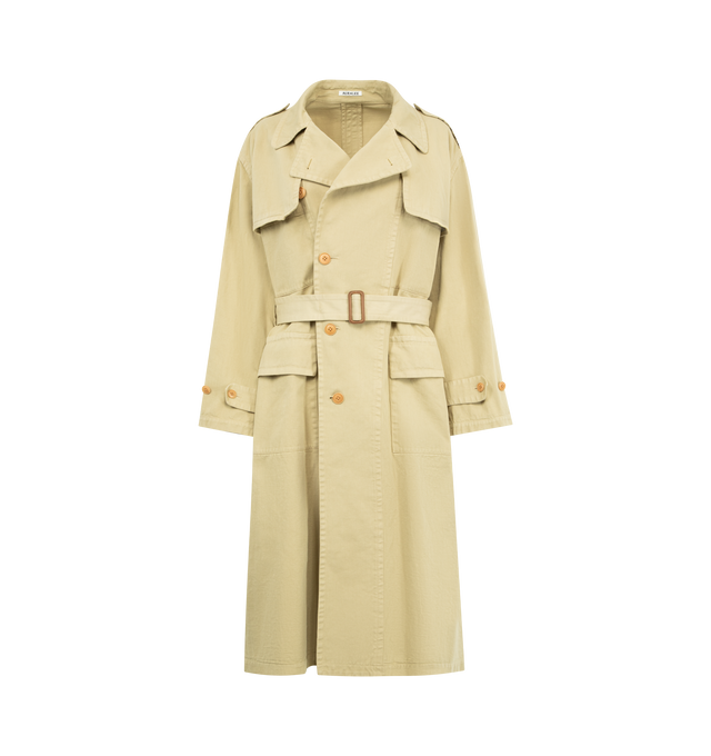 Image 1 of 3 - NEUTRAL - AURALEE Textured Chino Coat featuring chino cloth woven from slub yarns of crisp Zimbabwe cotton, oversized fit, unlined, below knee length, waist belt, single vent and button front. 100% cotton.